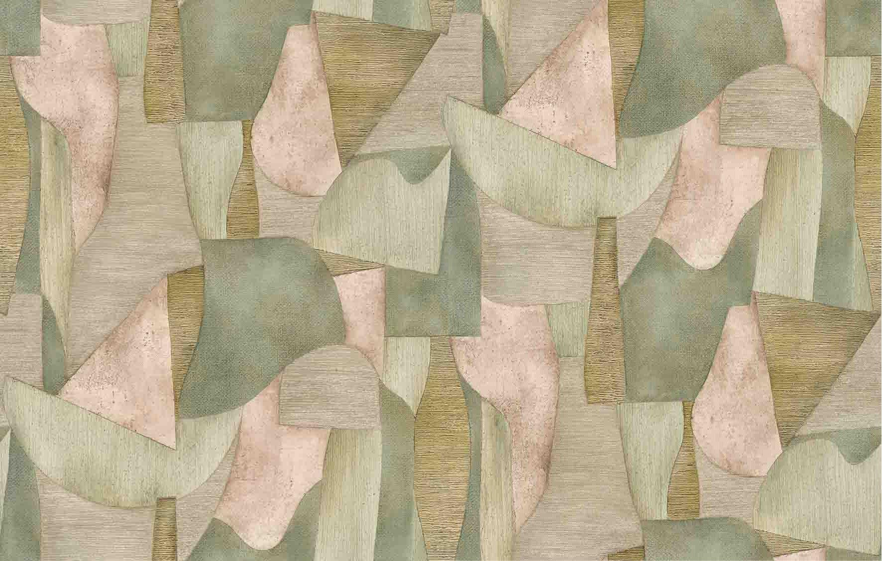 Fototapet med motiv Abstrakte former i salviegrøn og beige med linned 2,7 x 4,24 m