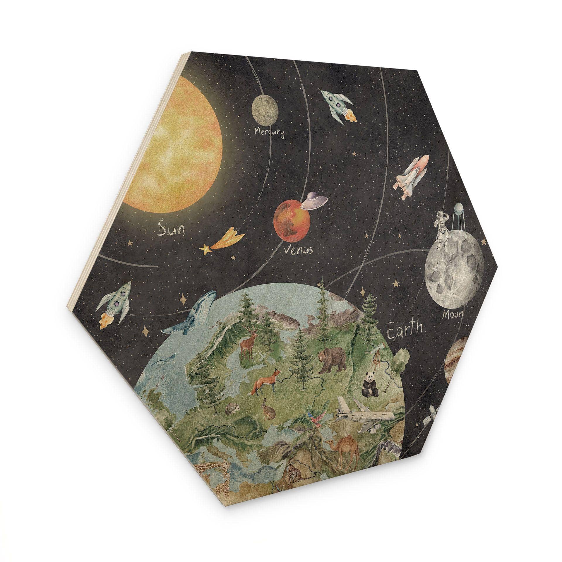 Houten Wanddecoratie zonnestelsel met planeten en aarde - Ms Tiff