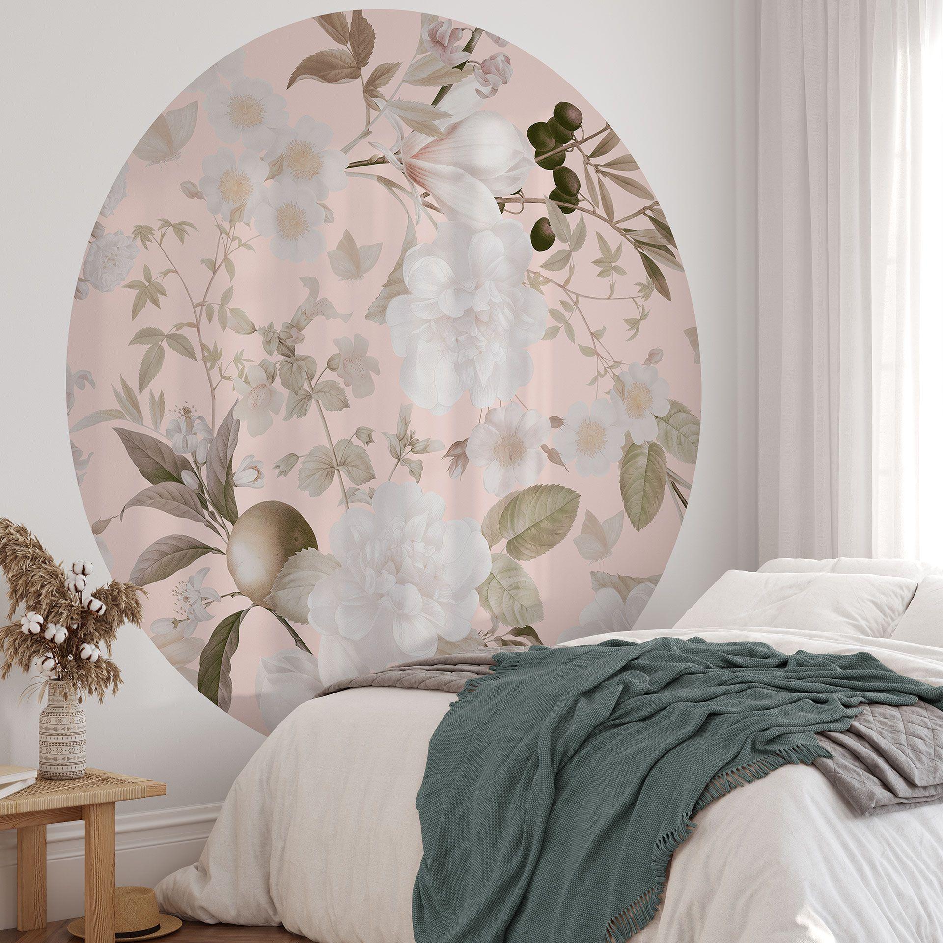 Tapet cirkel Boho-illustration med blomster og frugter - UN Designs - vliesetapet/selvklæbende non-w