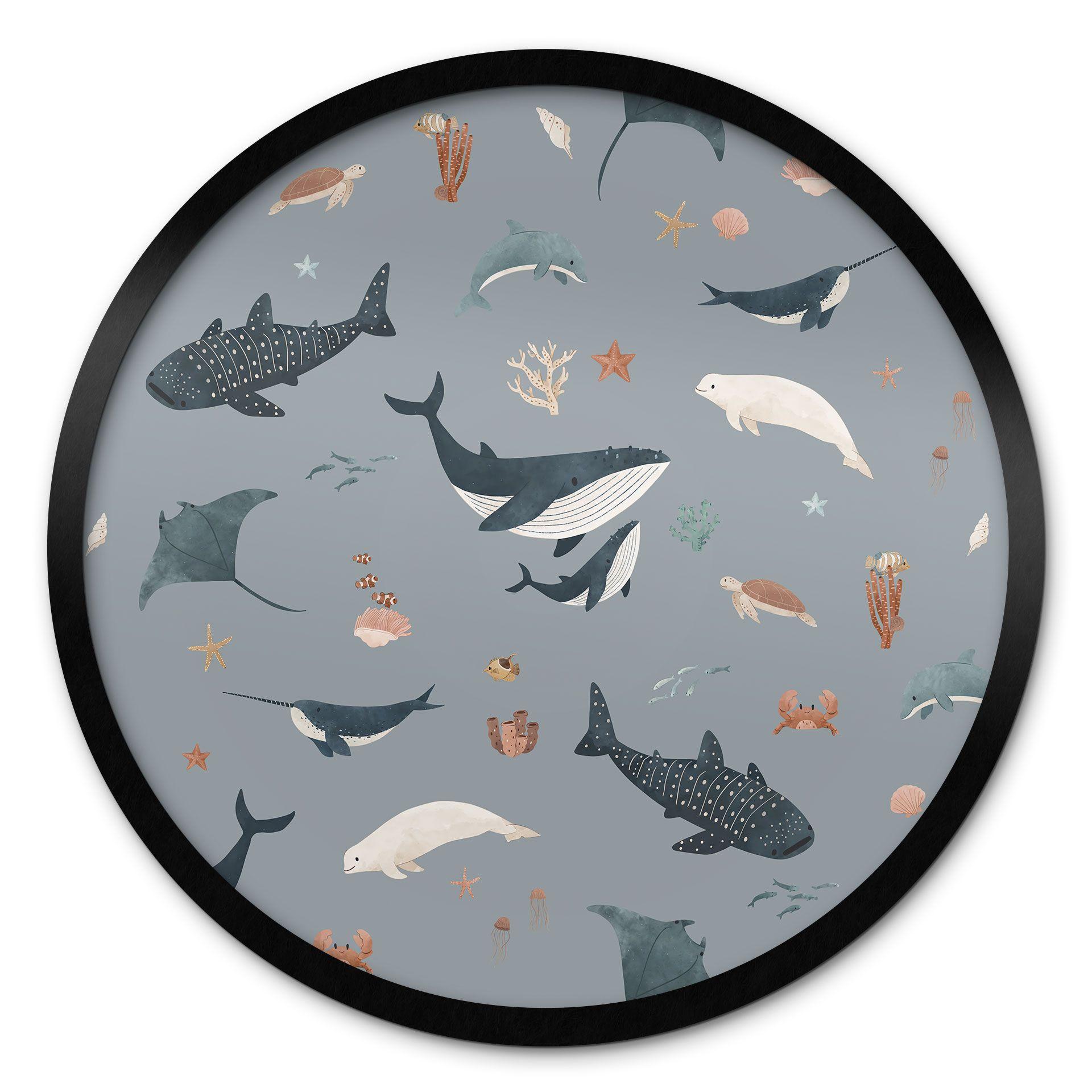 Plakat om den maritime undervandsverden - Hvaler og havdyr - Kikki Belle - Round