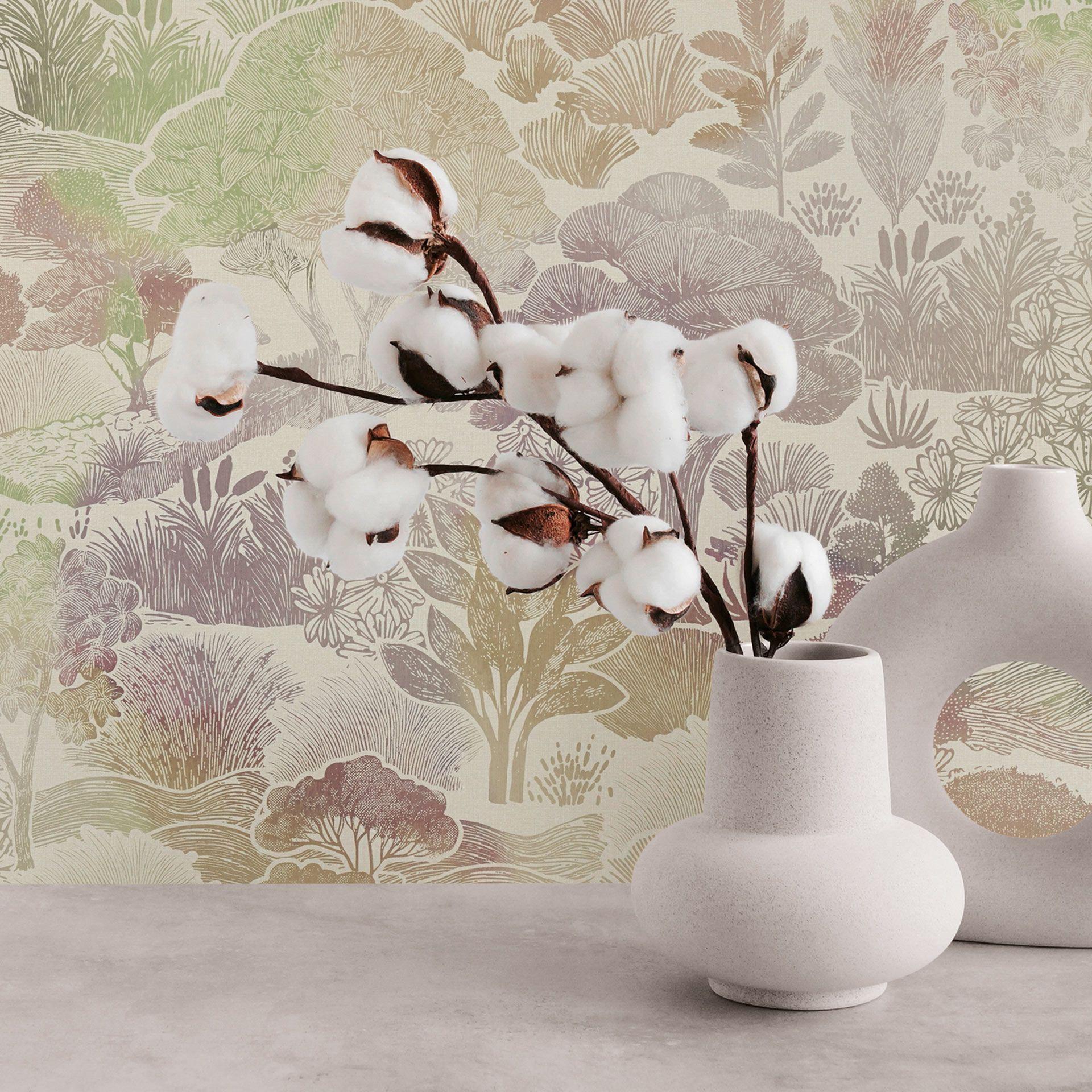 Landskabstapet pastel beige grøn - Ikke-vævet tapet botaniske illustrationer