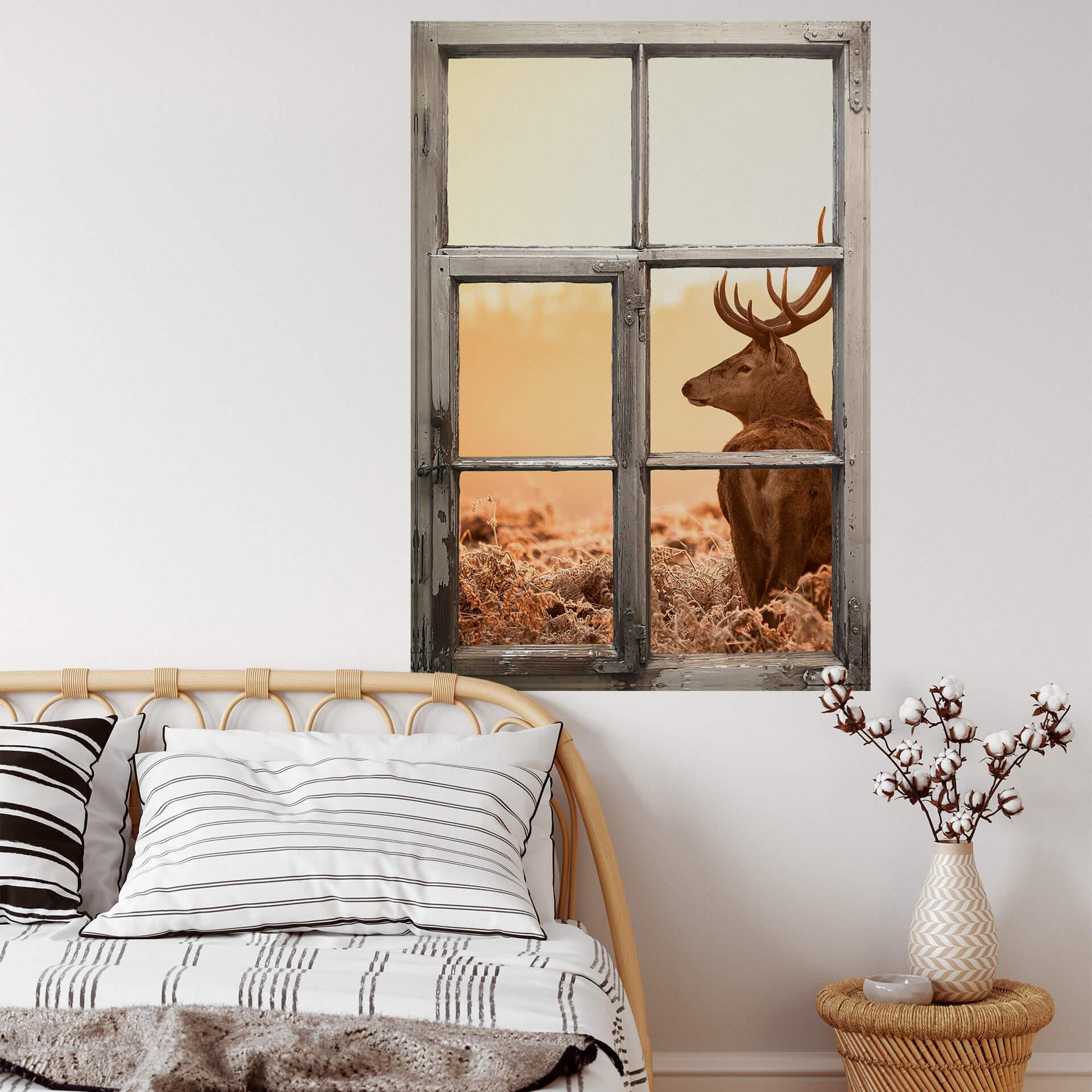 3D Wallsticker vindue shabby - Majestætisk kronhjort