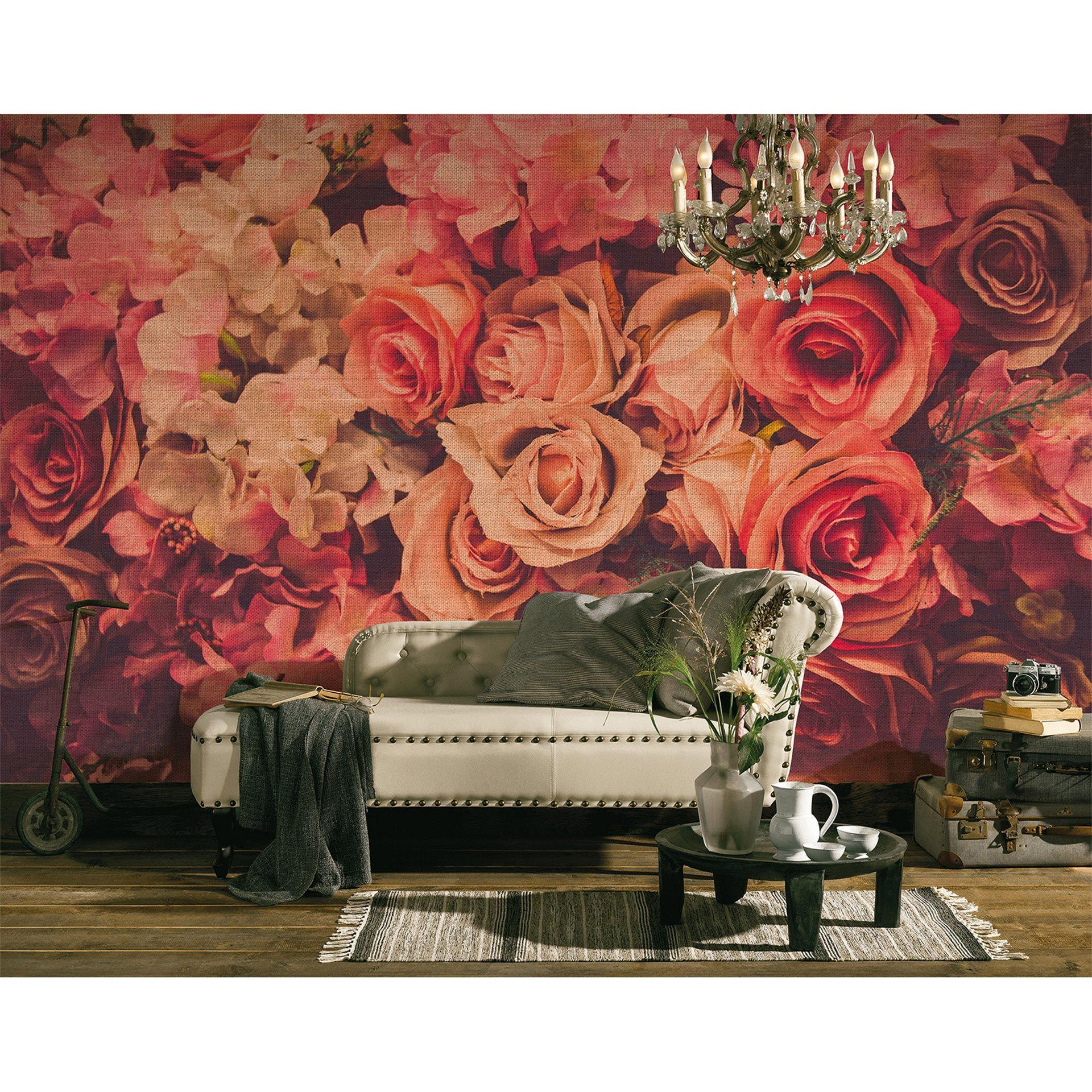 lyserødt og grønt non-woven tapet Designwalls FlowerWall roser 