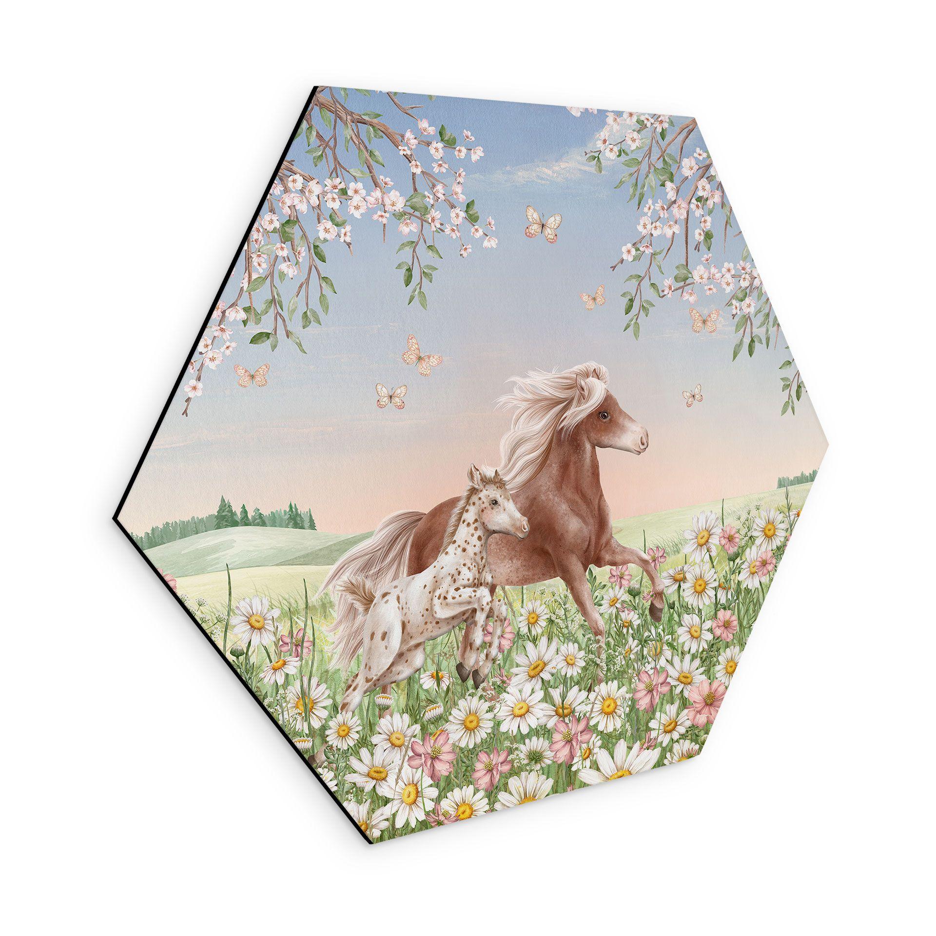 Sekskantet Billede Heste i blomsterengen - Kikki Belle - aluminium dibond