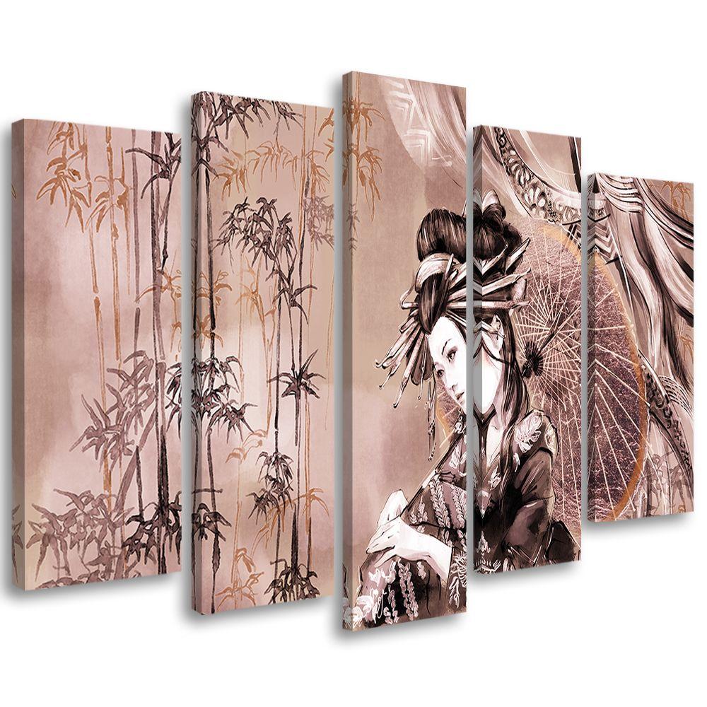 Lærred print 5 dele, geisha og bambus