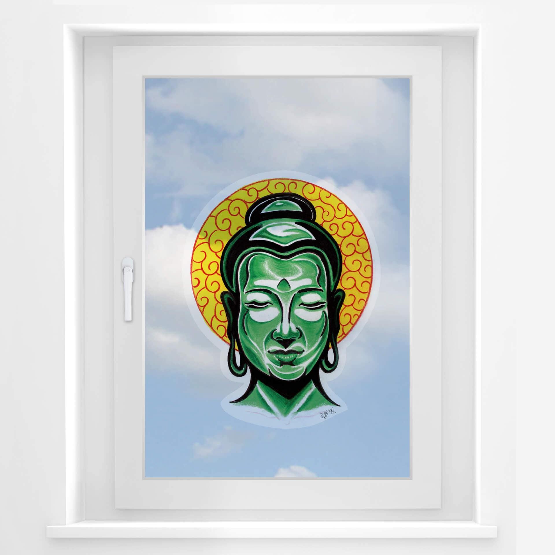 Mural de la ventana con la cabeza de Buda de Miami Ink