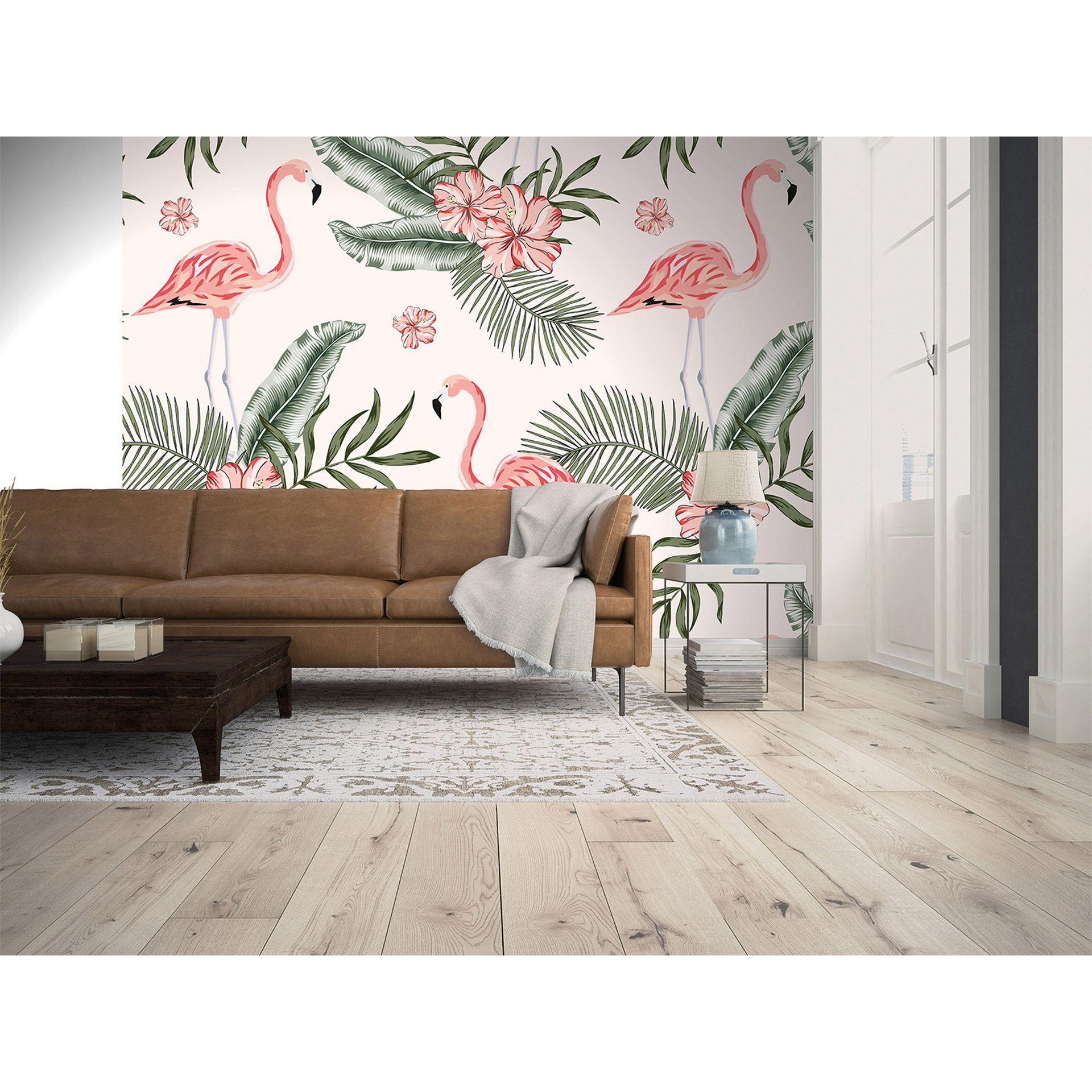 hvidt og lyserødt non-woven tapet Designwalls Tropical Vibes flamingo fugle