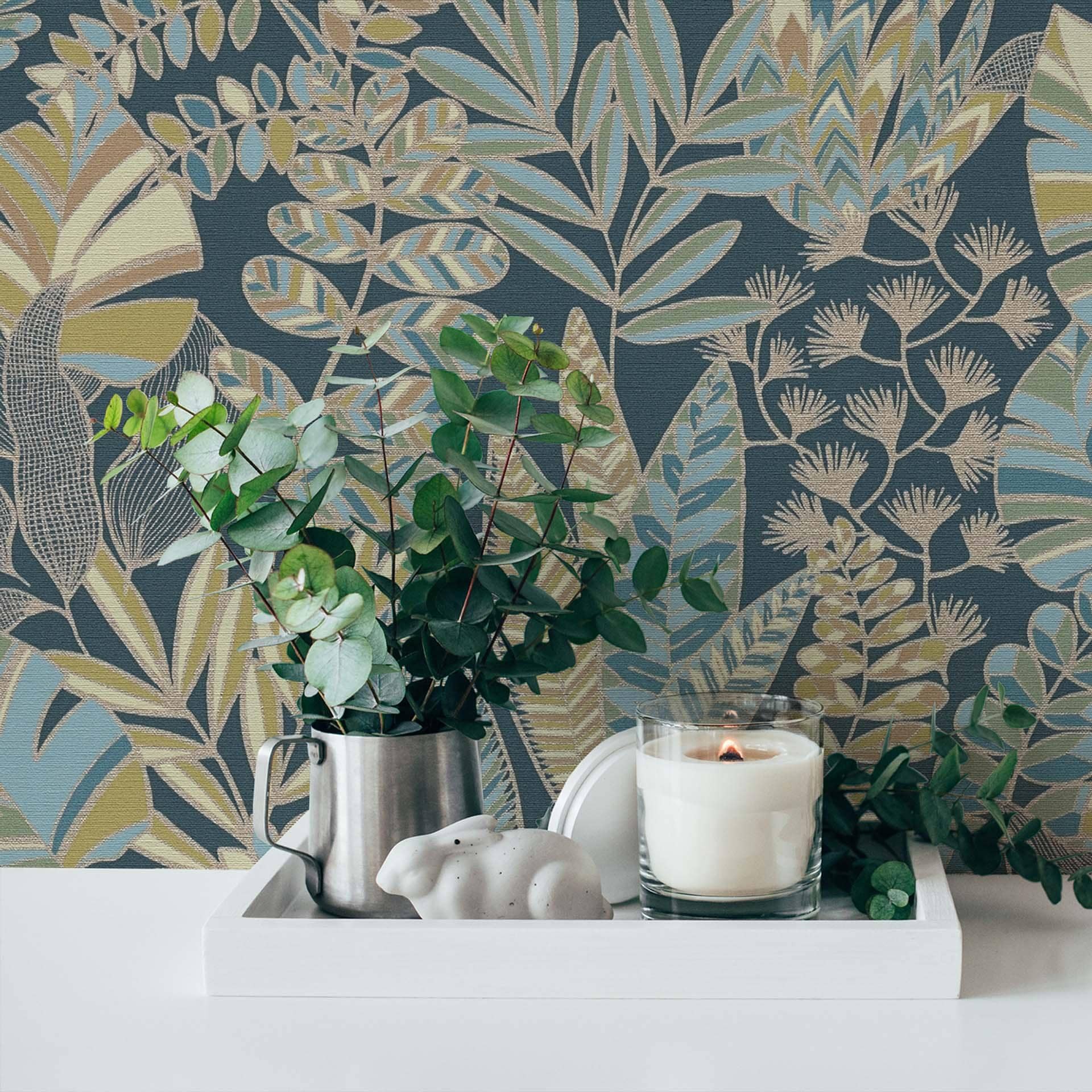 Jungle papier peint bleu or vert plantes papier peint intissé feuilles floral