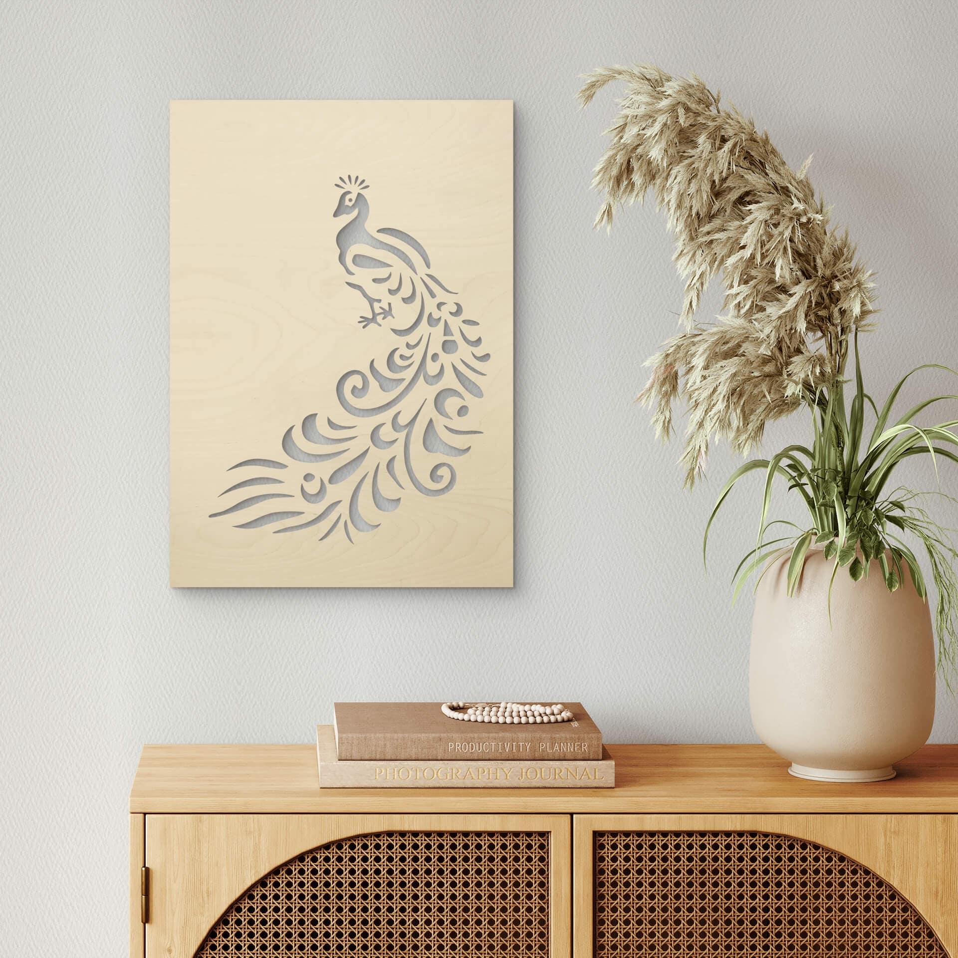 Decoración en madera álamo - pavo real