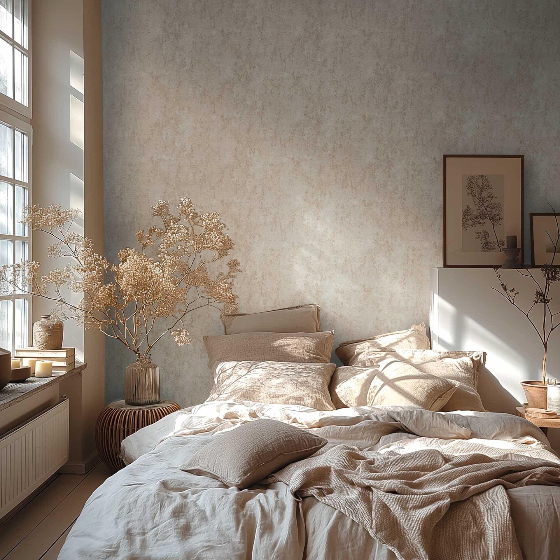 Papel pintado no tejido con aspecto de hormigón beige crema - Papel pintado texturado con carácter de yeso 