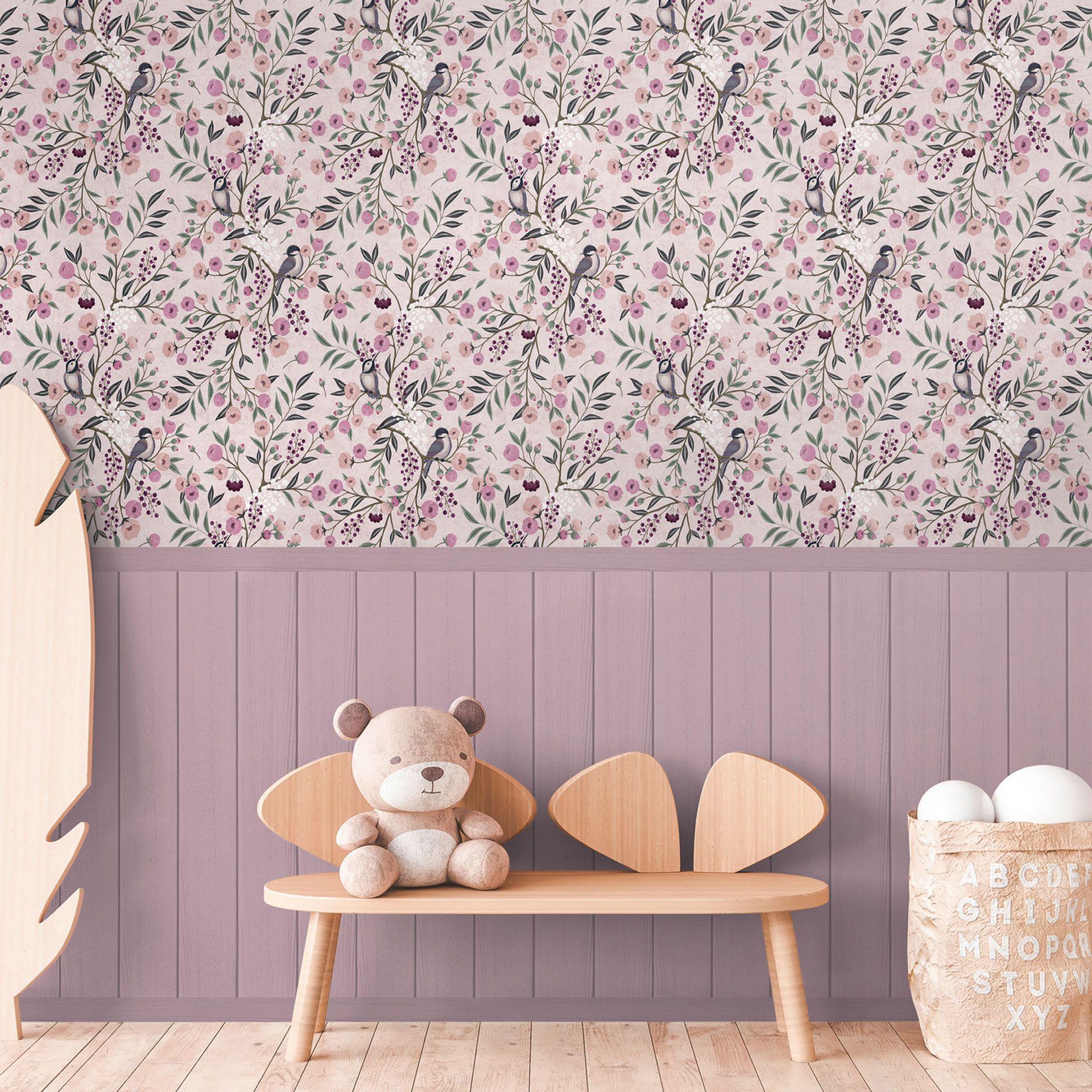 Birds & Branches Pink - blomstermønster med træpanel - ikke-vævet tapet, der kan udvides