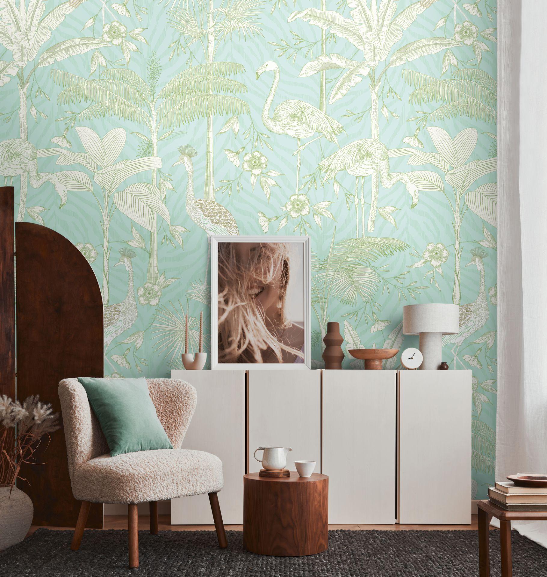 dyretapet turkis hvid - non-woven tapet insekter & dyr Livingwalls - mat og glat
