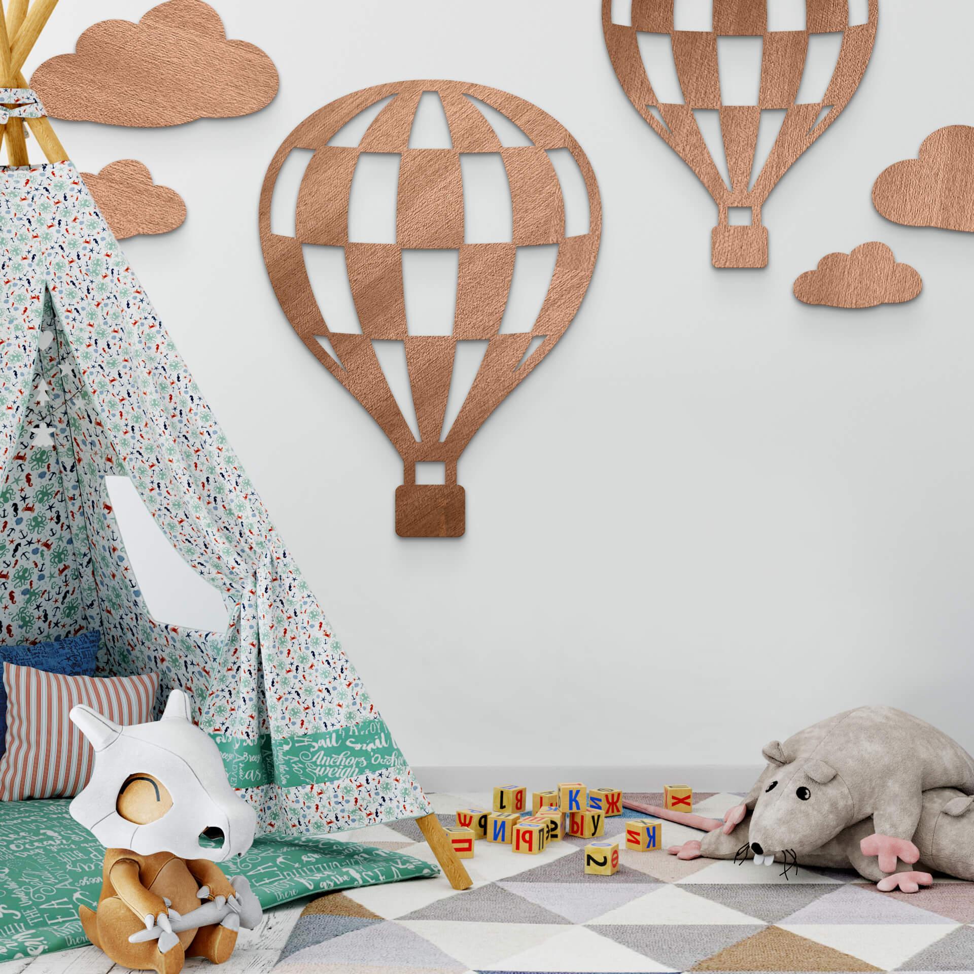 Decoración en madera caoba - globo aerostático a cuadros
