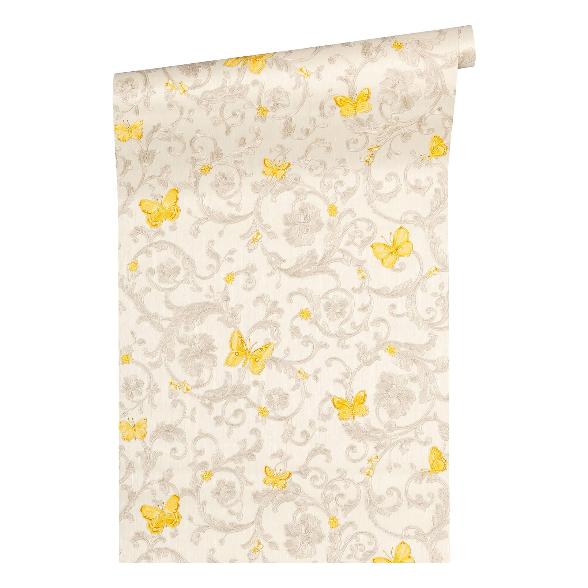 Versace tapet, Fleecetapet Butterfly Barocco Baroktapet med ornamenter, gul, guld, creme