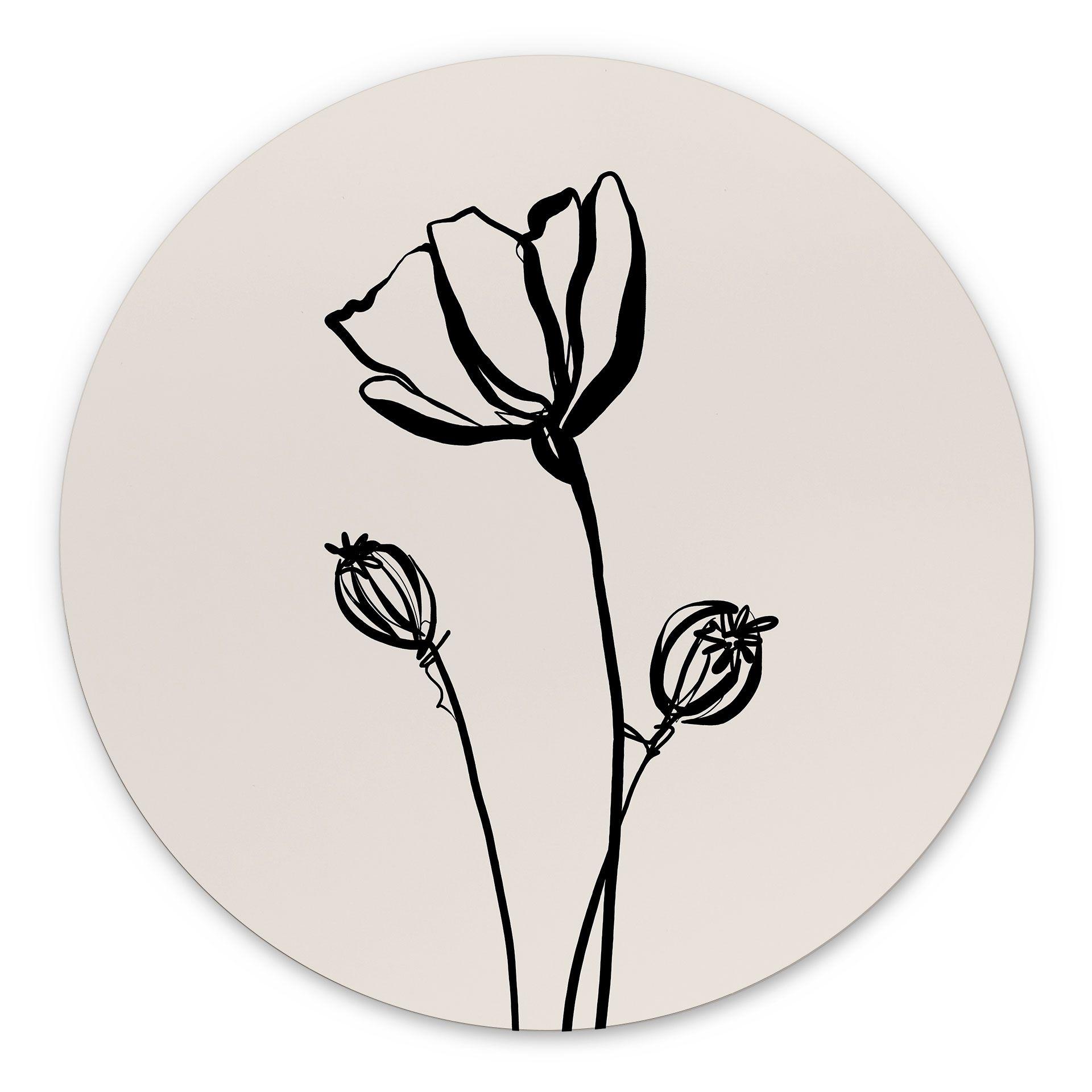 Billede af Line Art Poppy - Cats & Dotz - rund – print på aluminium (Alu-Dibond)