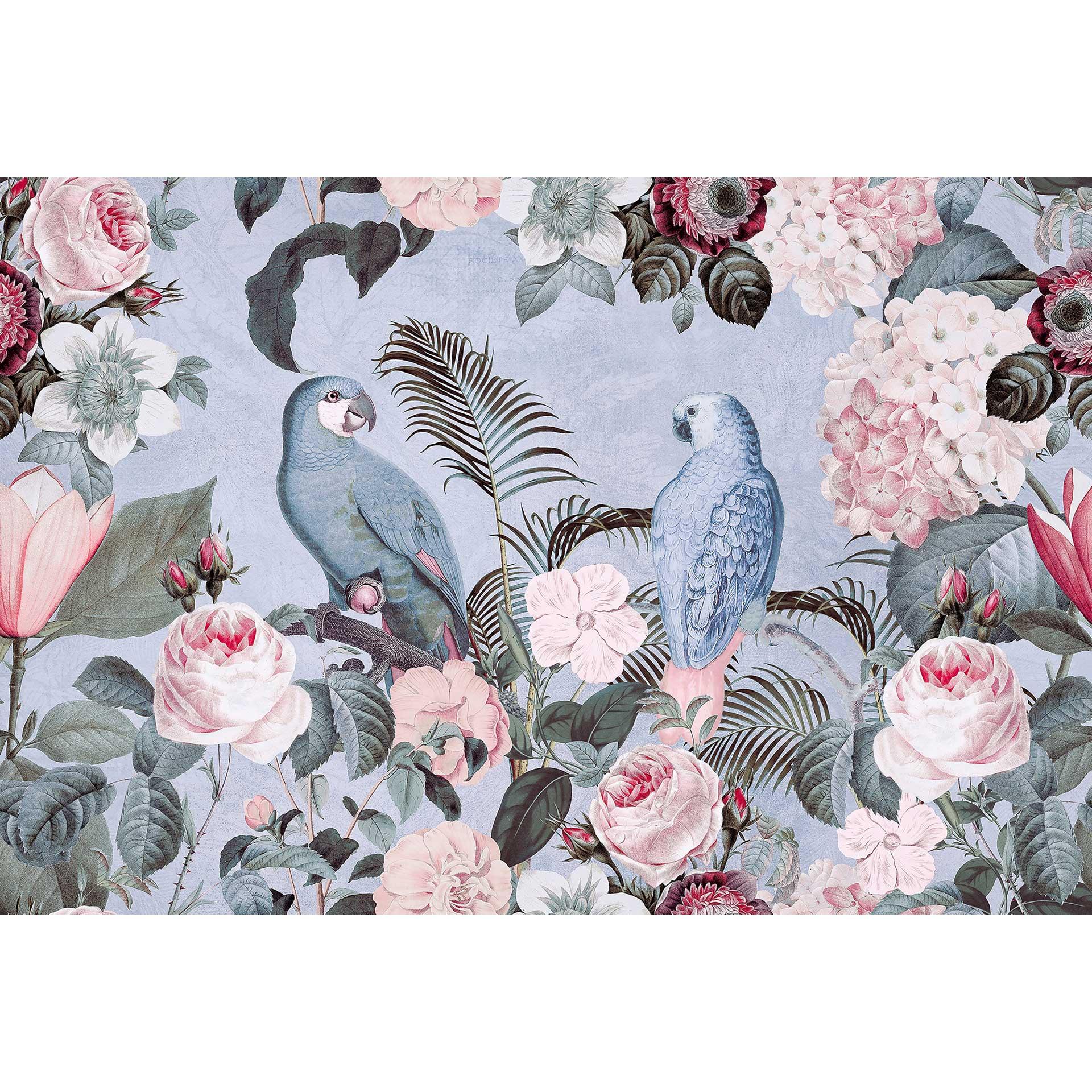 Livingwalls papier peint photo ARTist Jungle Rendevous avec fleur roses et perroquets bleu, orange
