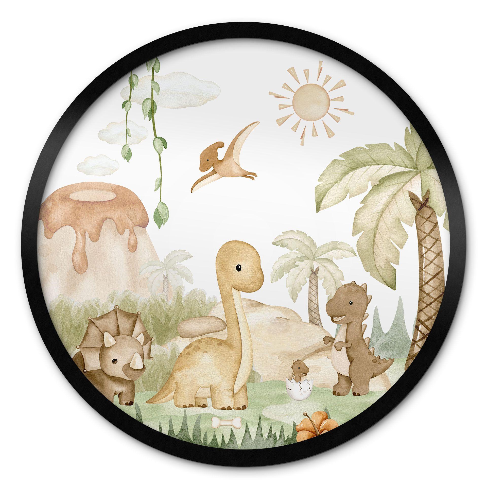 Póster infantil Pequeños dinosaurios en un gran viaje de exploración - Oliver Robins - Redondo
