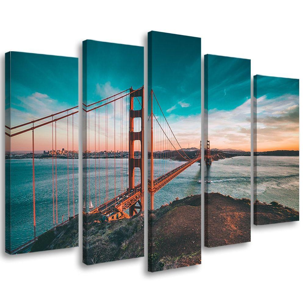 5-delt lærredstryk Golden Gate Bridge turkis