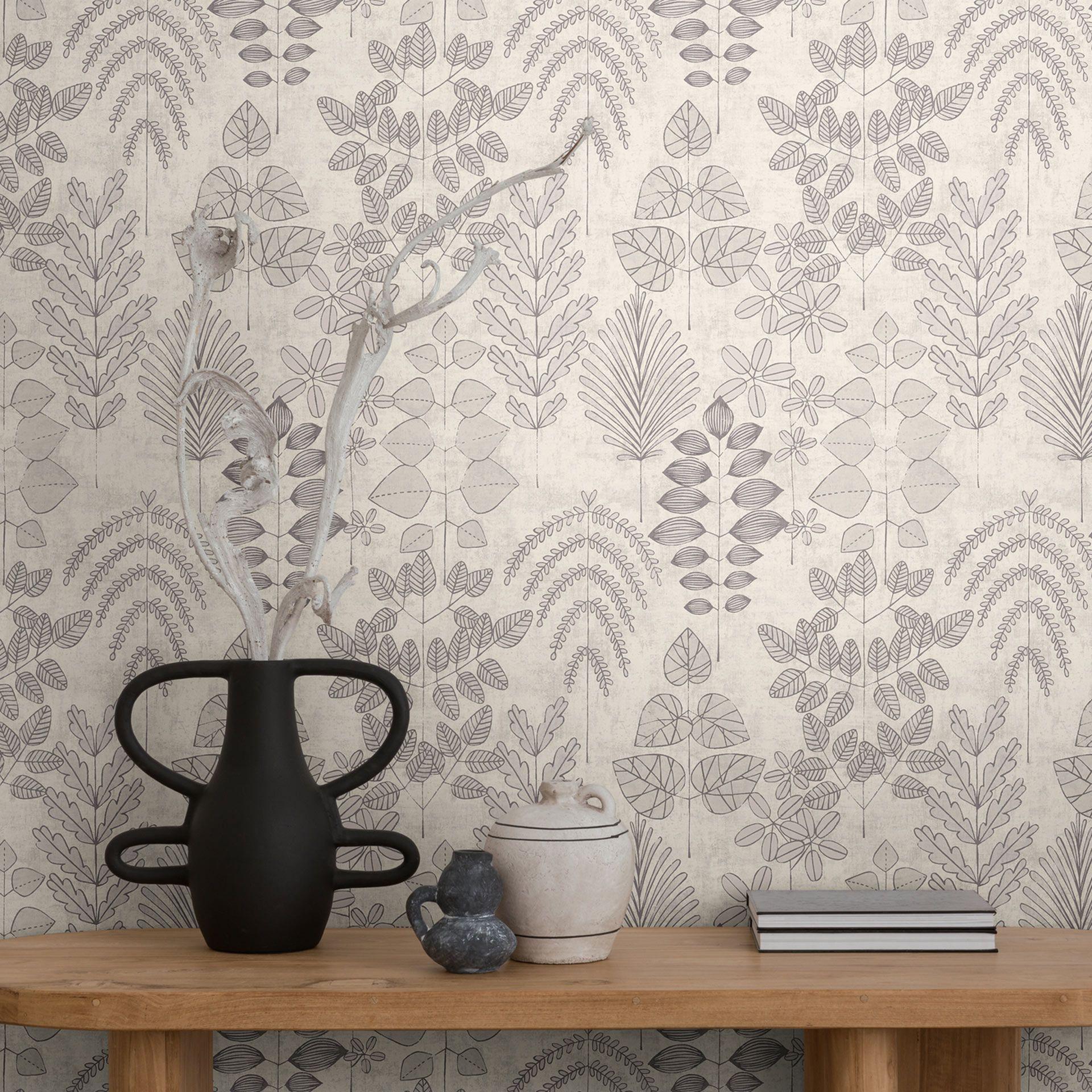 Papel pintado no tejido con motivo floral - rayas finas en gris y topo