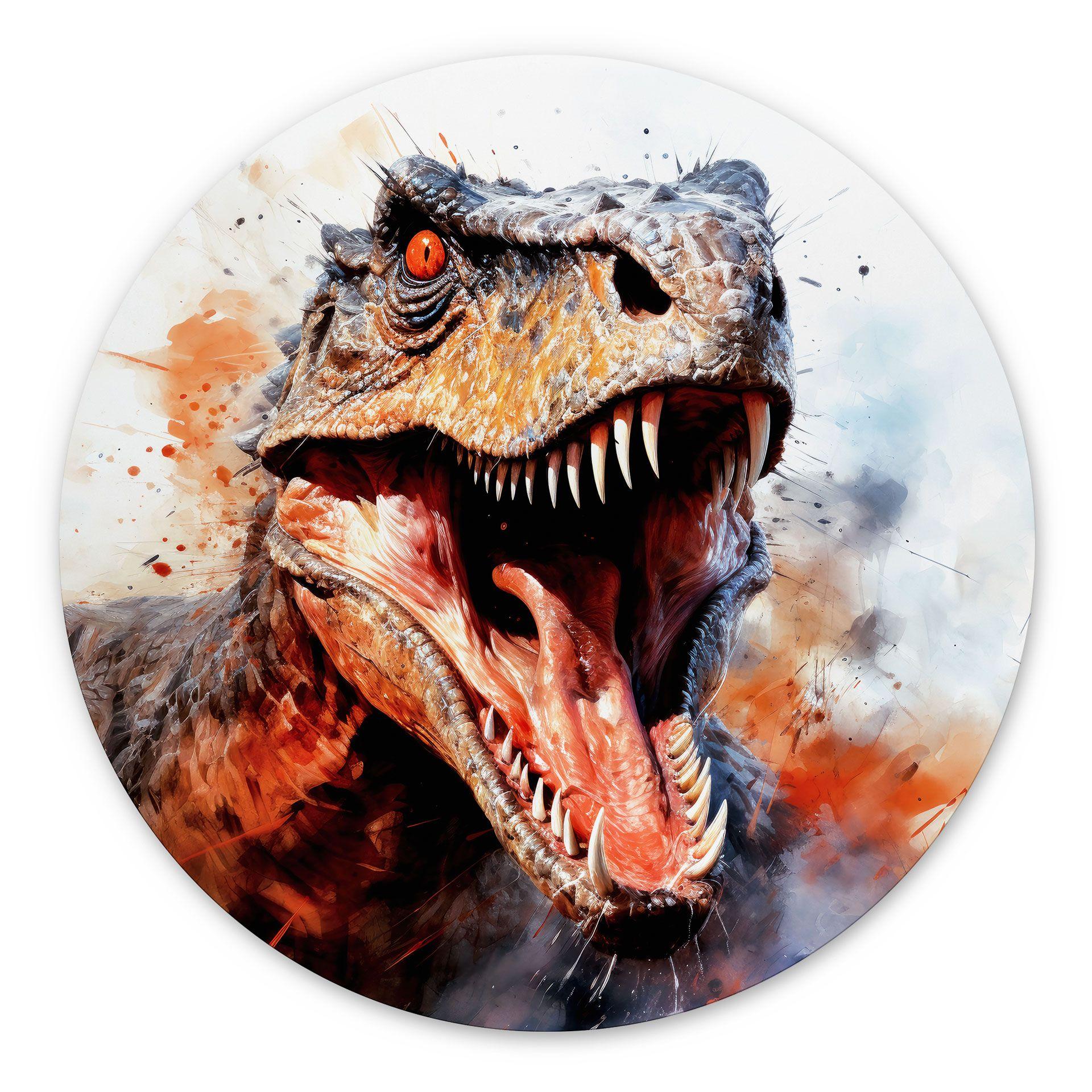 Vægmaleri T-Rex: Det vilde ansigt fra forhistorisk tid - Jaszke - rund – print på aluminium