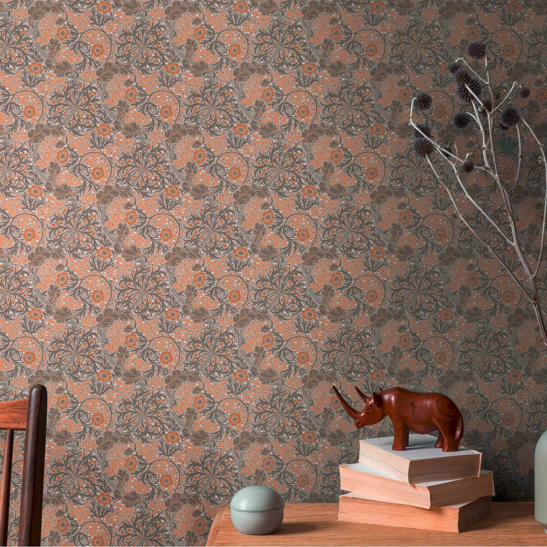 tapet med blomsterranker og blomster brun orange - non-woven blomstertapet