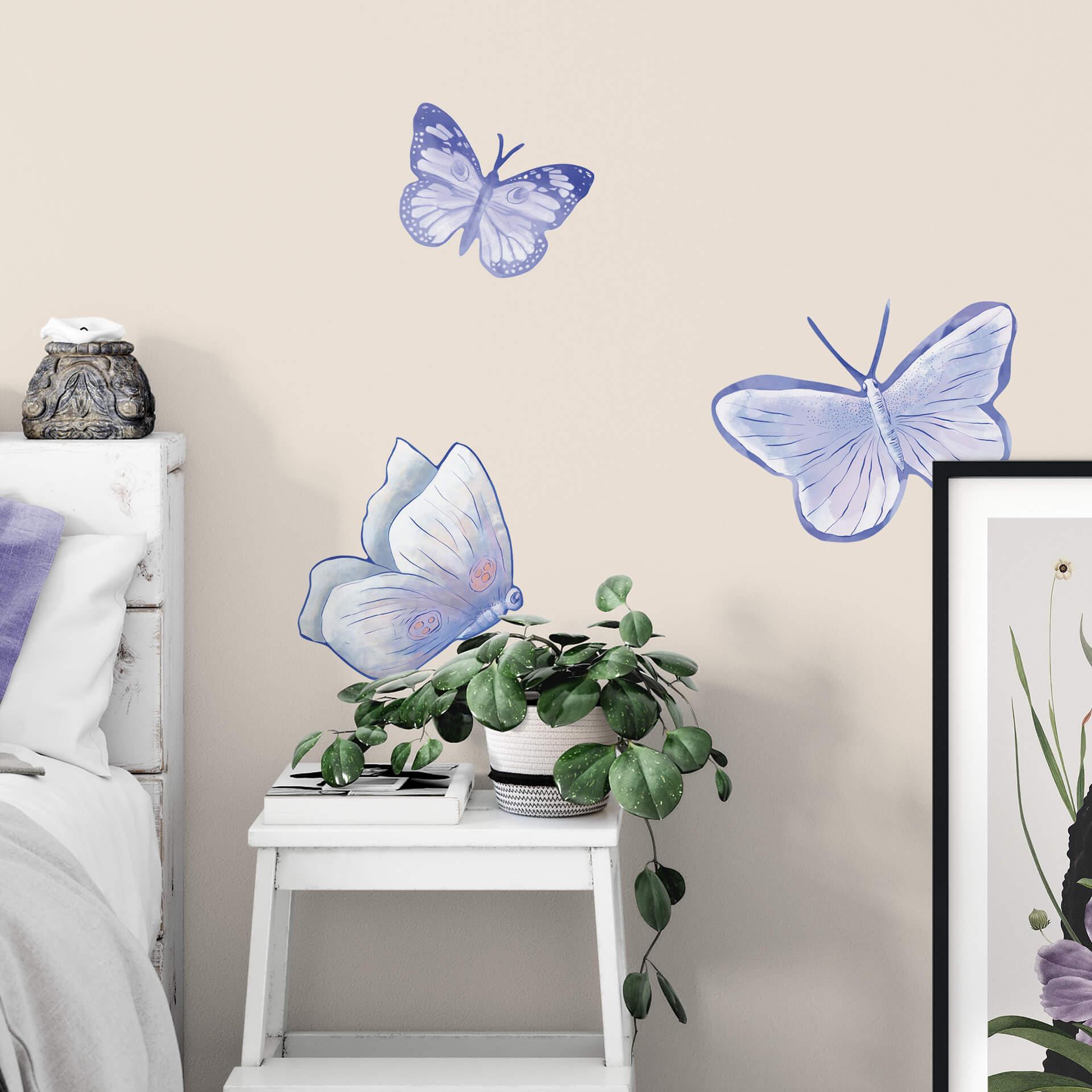Sticker mural Papillons dessinés à la main lilas/bleu 3 pièces