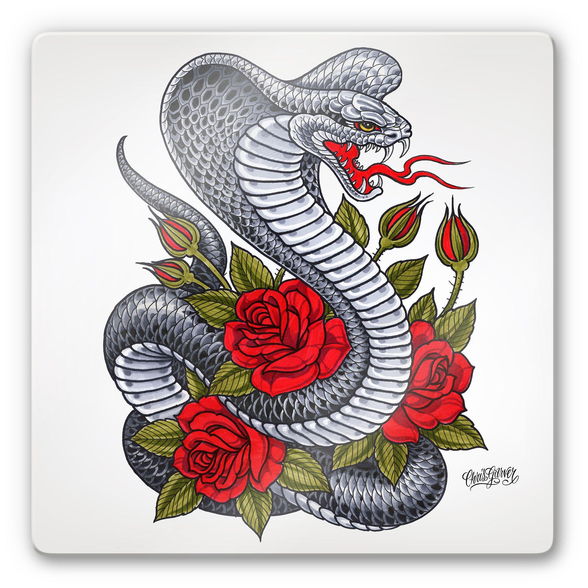 Tableau en verre - Miami Ink - Cobra avec roses