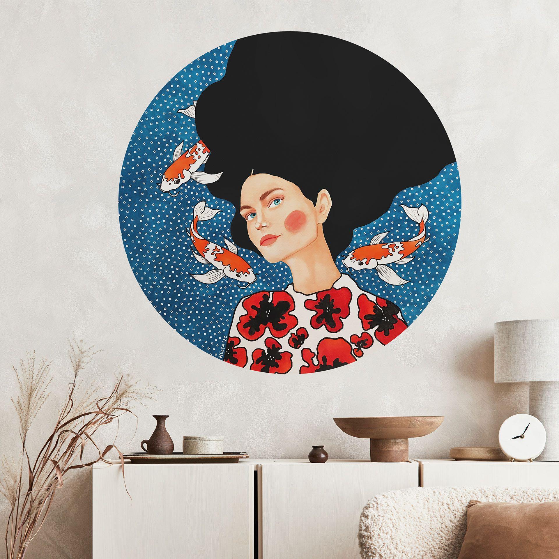 Vinilo decorativo Mujer con vestido de flores y carpa koi - Hülya - Redondo