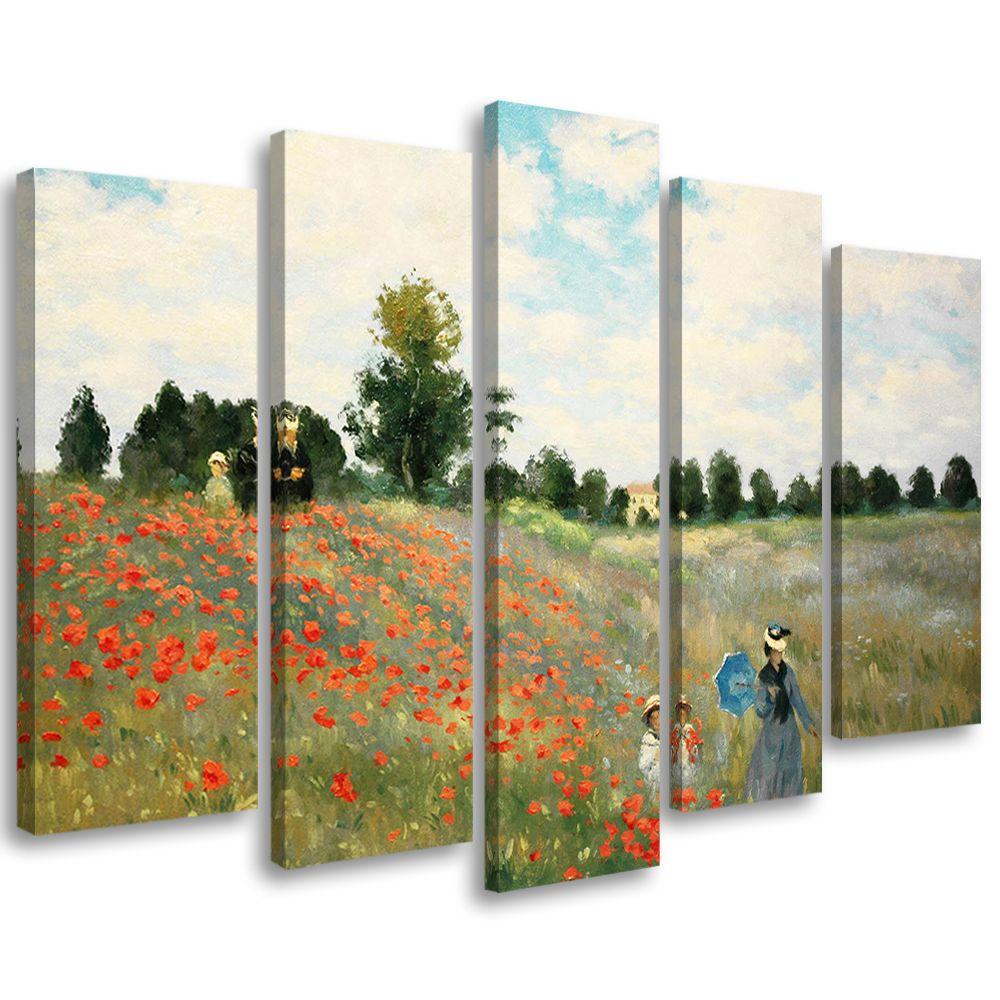 5 stykke lærredsprint, Field Of Poppies Claude Monet