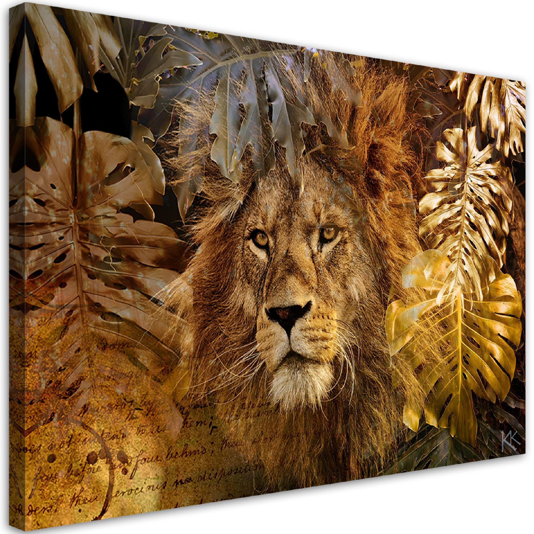 Canvasbillede, Løve og Monstera gyldne blade