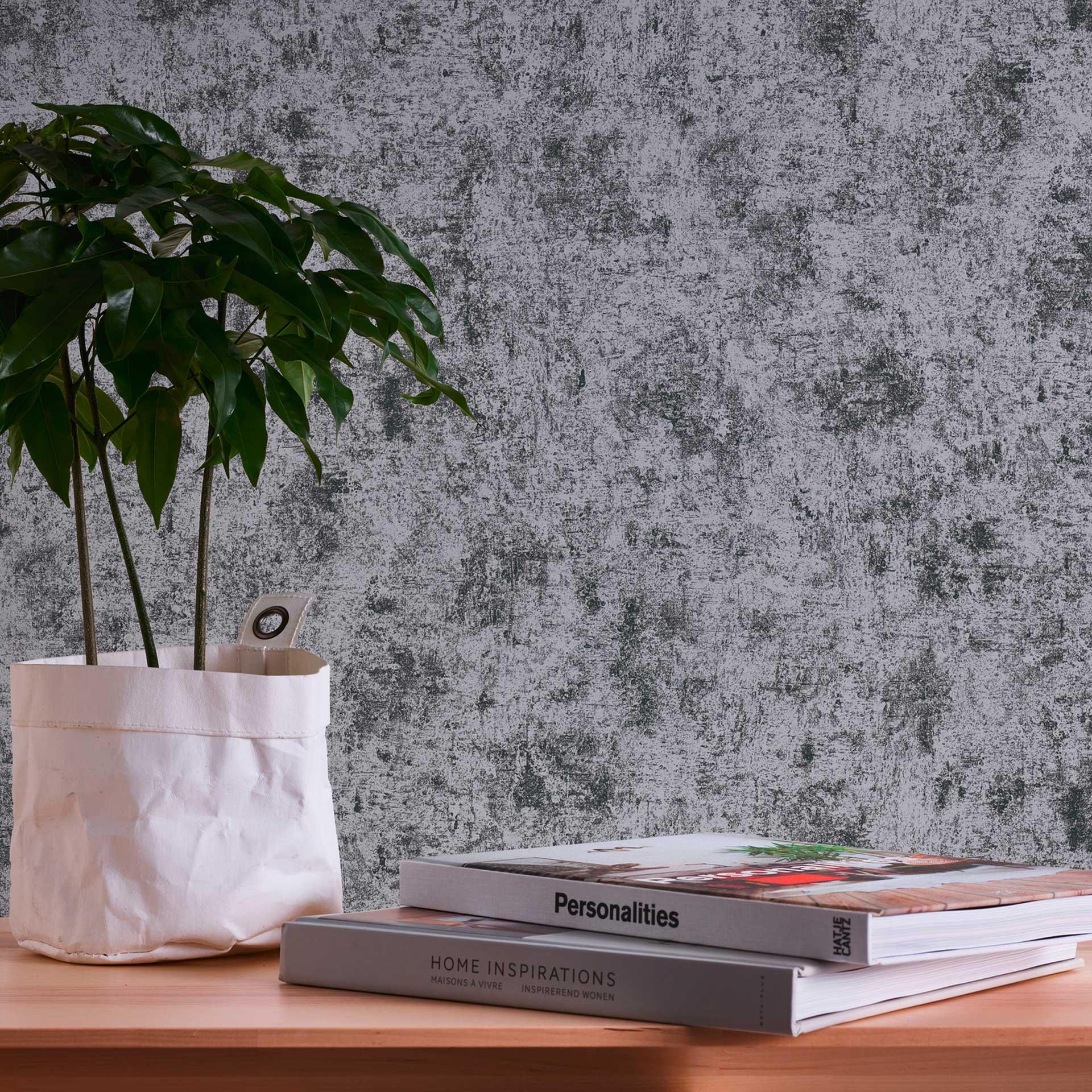 Papel pintado tejido-no tejido negro plateado - papel pintado metalizado con aspecto de escayola - estilo industrial para salones