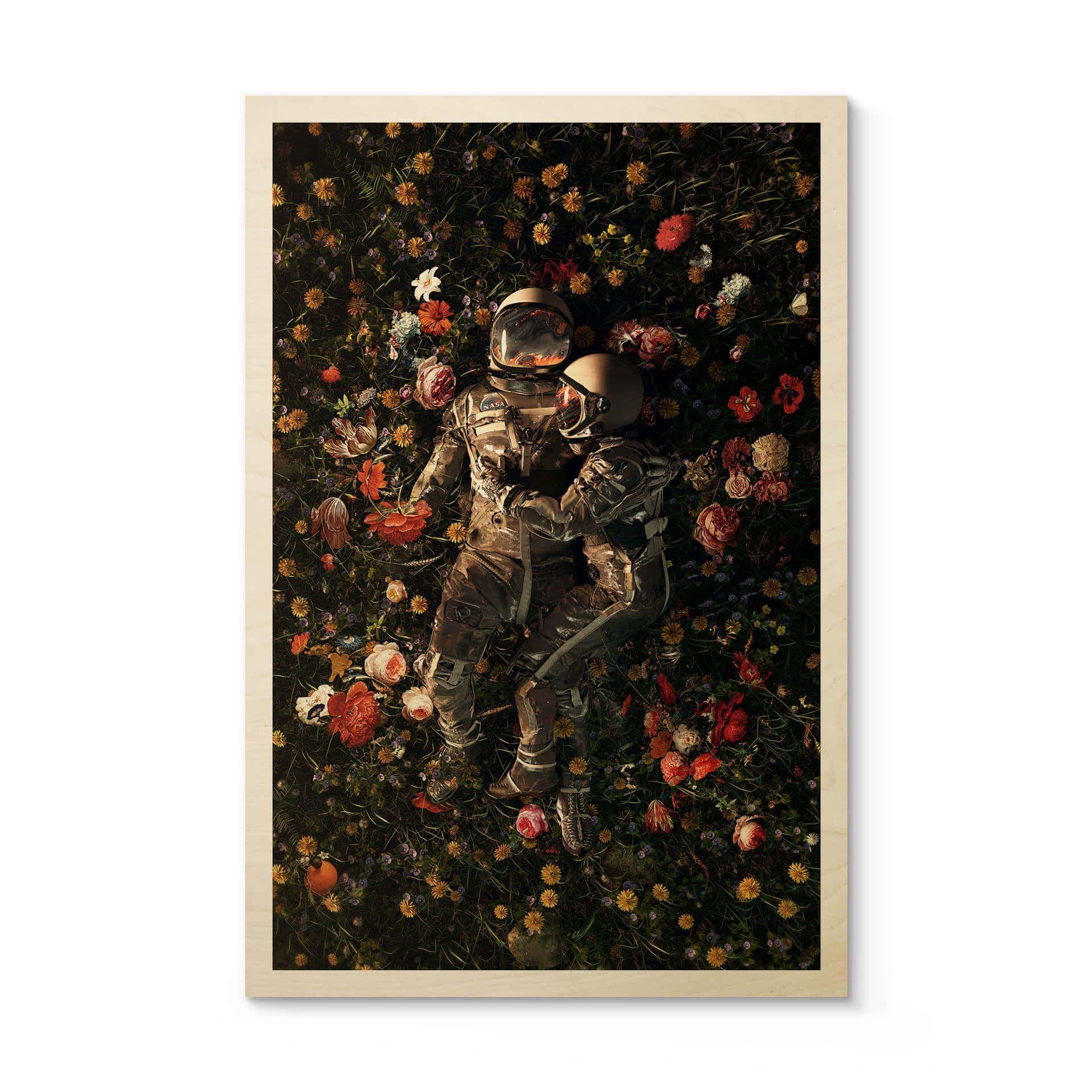 Træplakat Astronauter på en blomstereng - Nicebleed