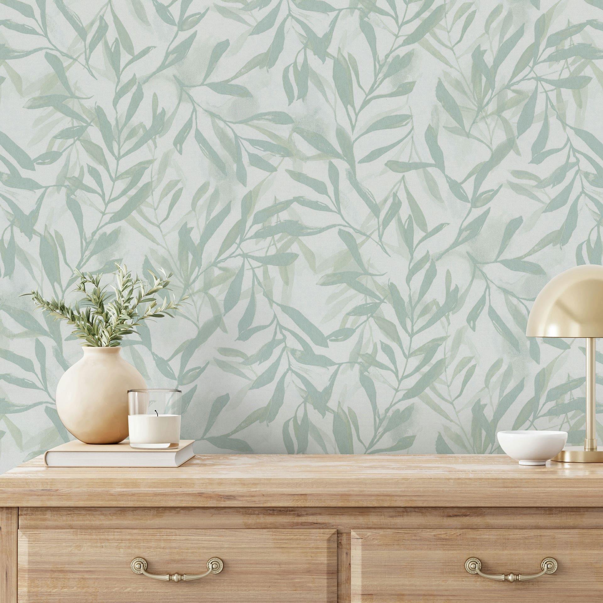 Non-woven tapet i hvid grøn blade blad look vintage blomster natur 