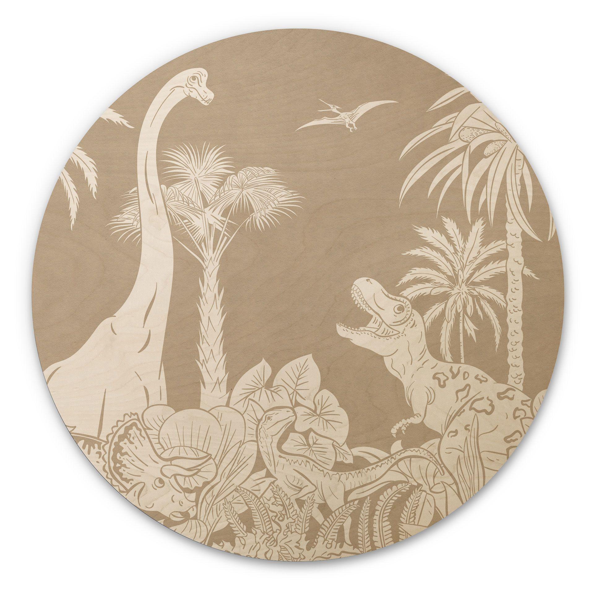 Cuadro de madera Dinosaurio en la jungla salvaje - Marrón - Kikki Belle - Redondo