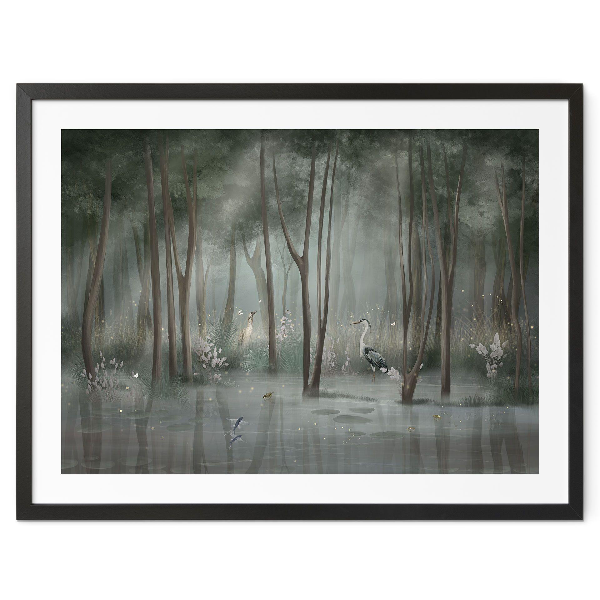 Poster nevelwoud aan het meer met reiger in het groen - Ms Tiff