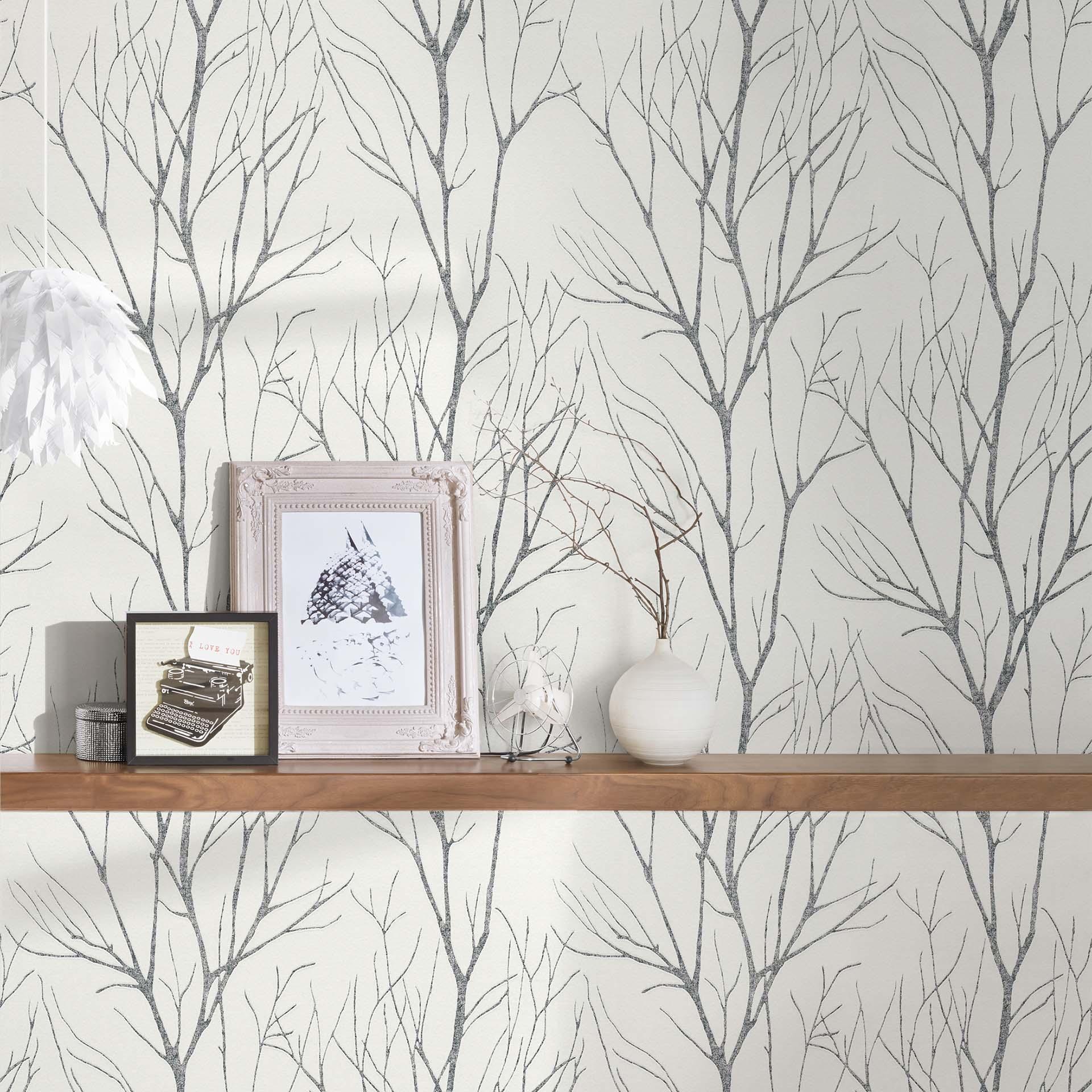 Skovtapet hvid sort - non-woven tapet natur A.S. Création