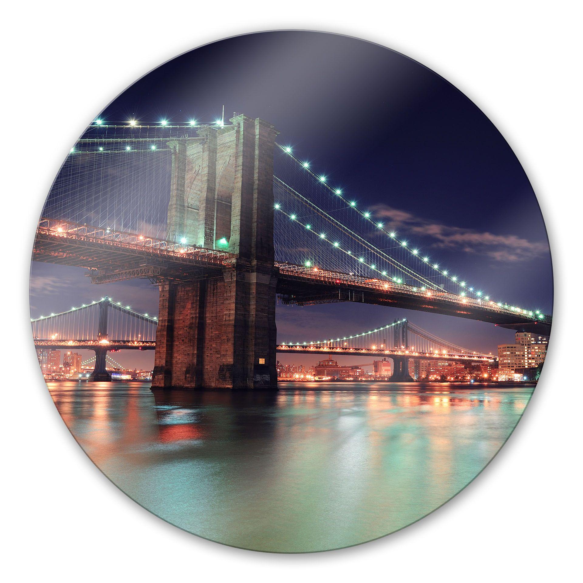 Stampa su vetro Il ponte di Manhattan di notte 2 - tondo