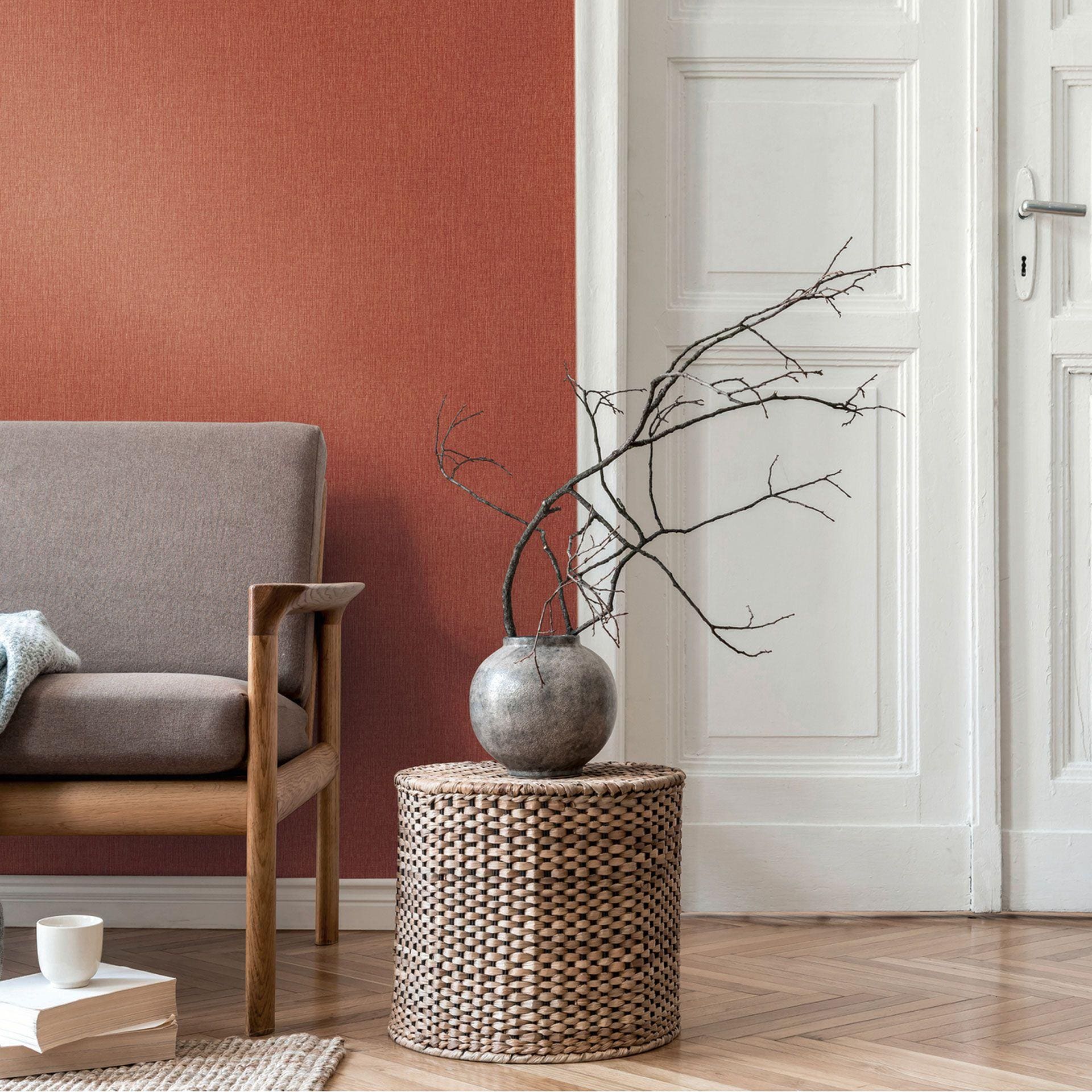 Hørstruktur terracotta orange - Ikke-vævet tapet tekstil mat