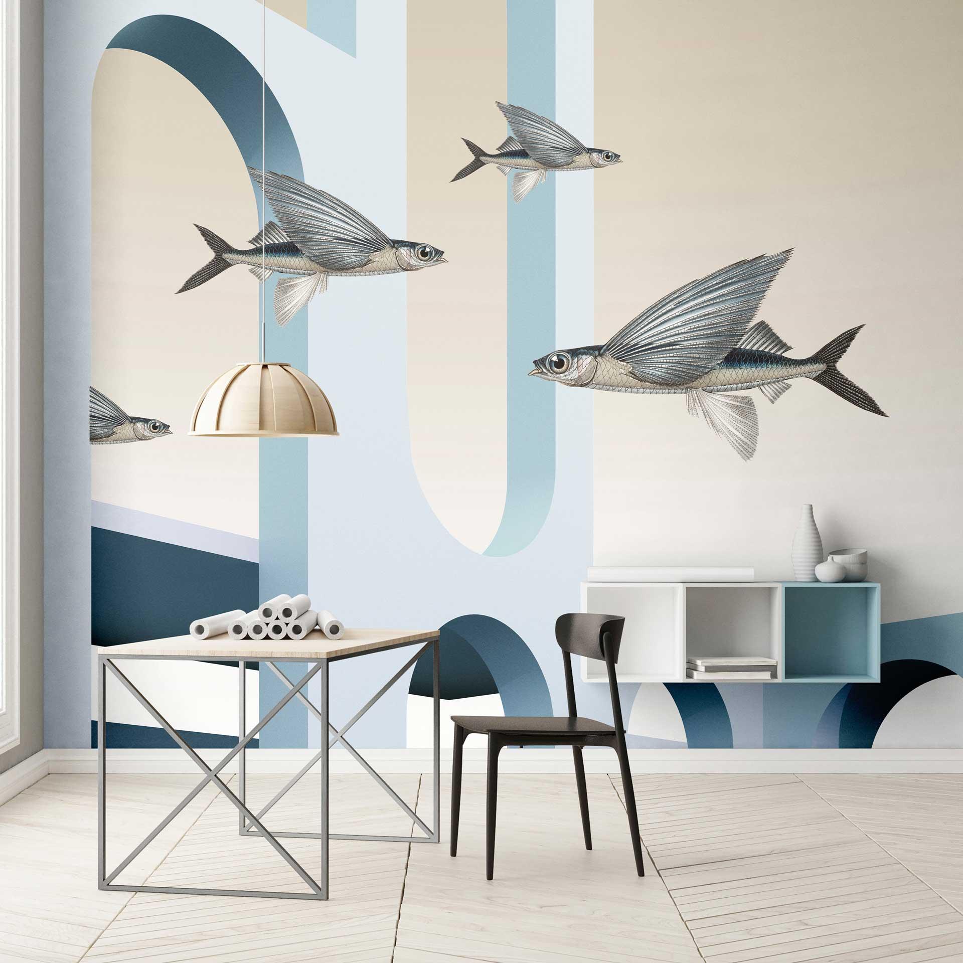 Fototapet Moderne-Artwork med flyvende fisk - non-woven tapet i blå toner