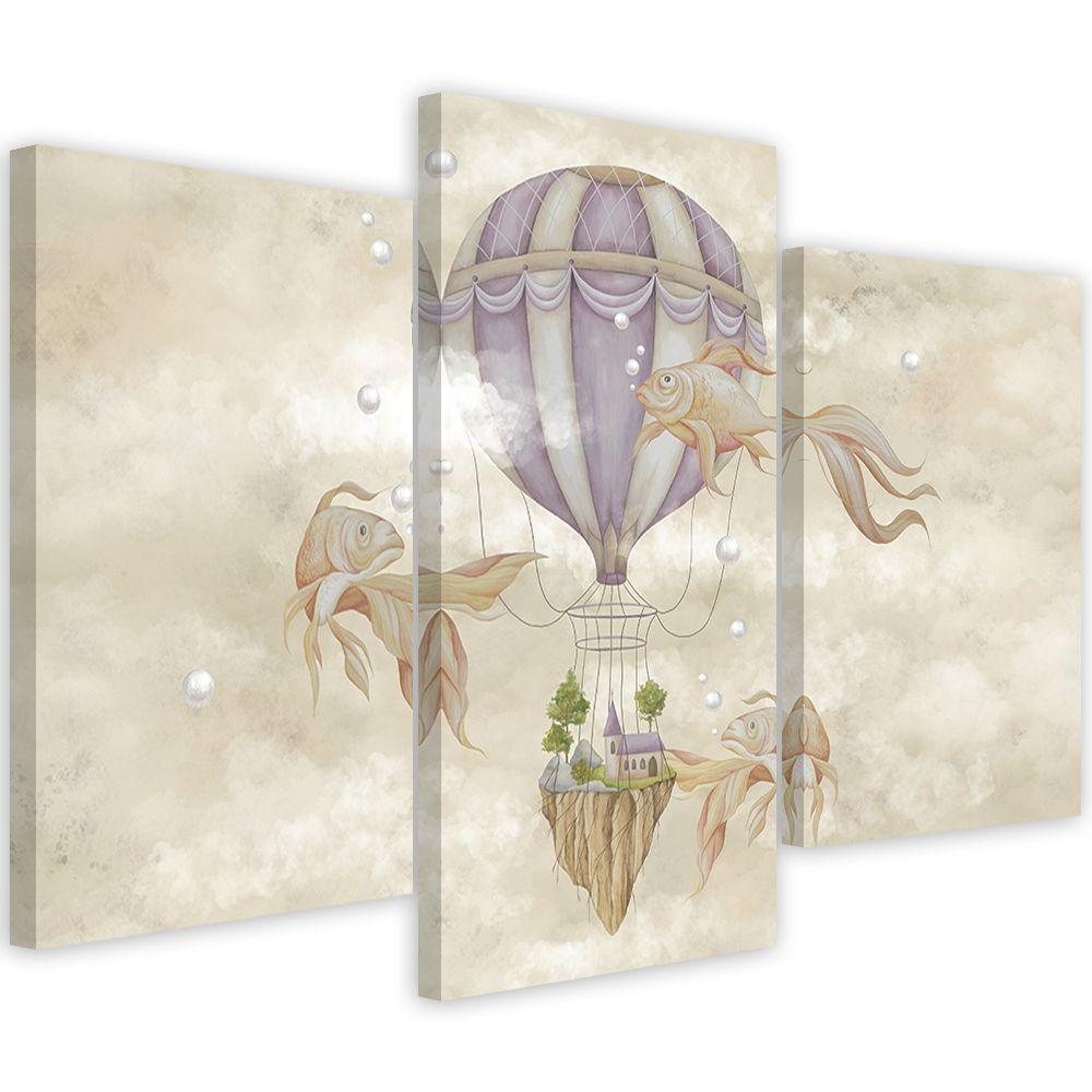 Lærred print 3 stykker, luftballon flyvehus og fisk