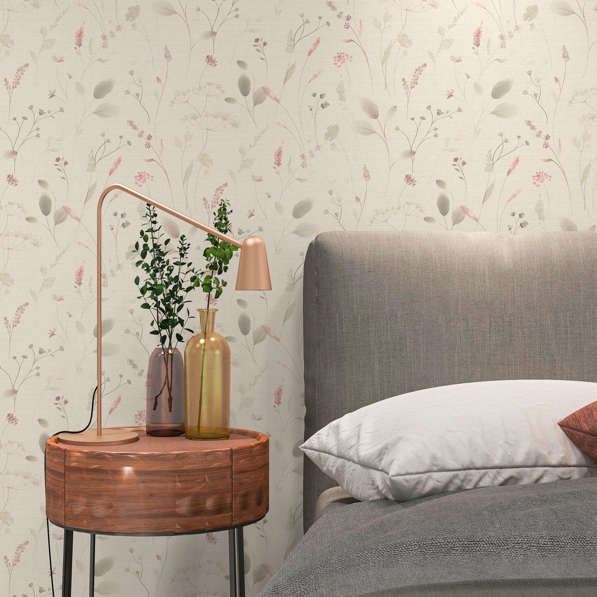 Engblomsttapet rosa beige hvid - Ikke-vævet tapet med blomstret akvarel-look