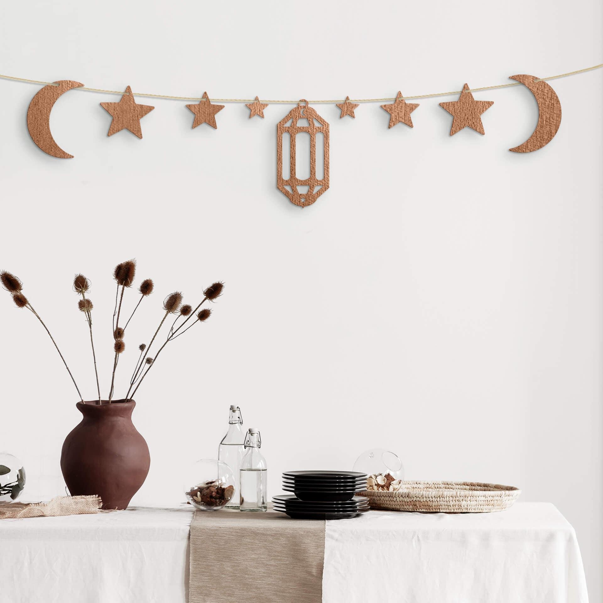 Décoration en bois placage acajou  -  Set pour Ramadan - Lune, étoiles et lanterne