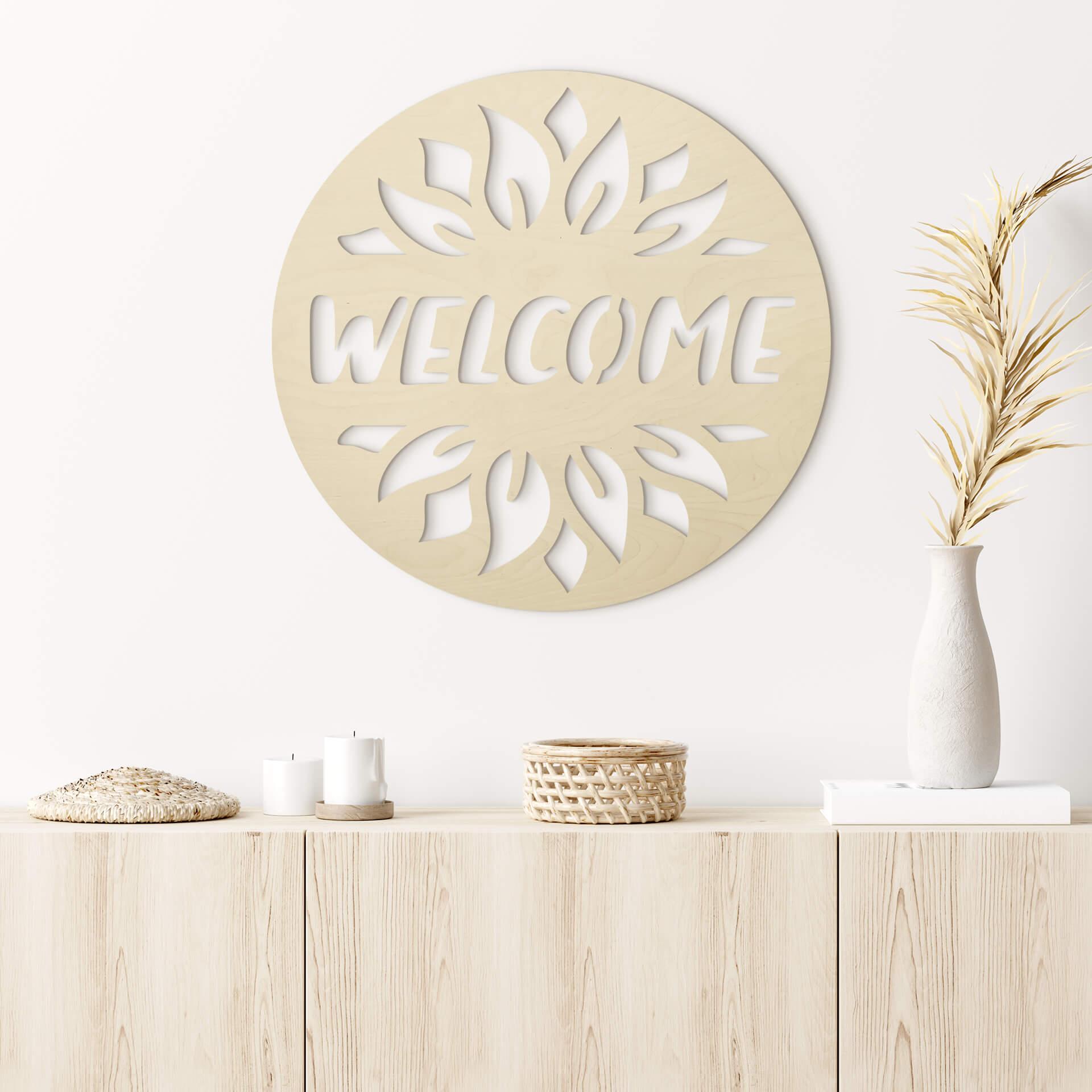 Decoración en madera para puertas - Bienvenido girasol - Álamo - Redondo