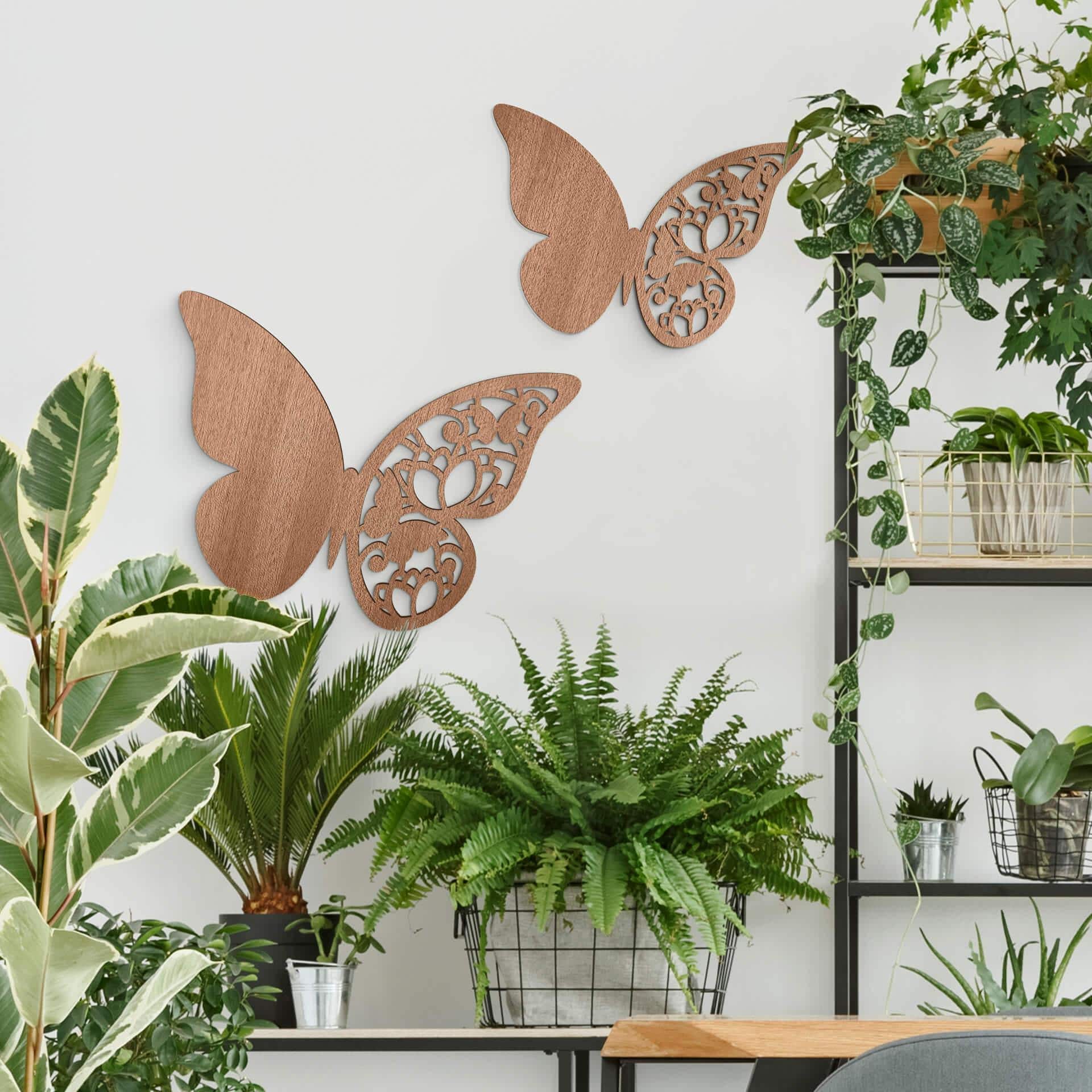 Décoration murale en bois placage d'acajou - Papillon fleuri