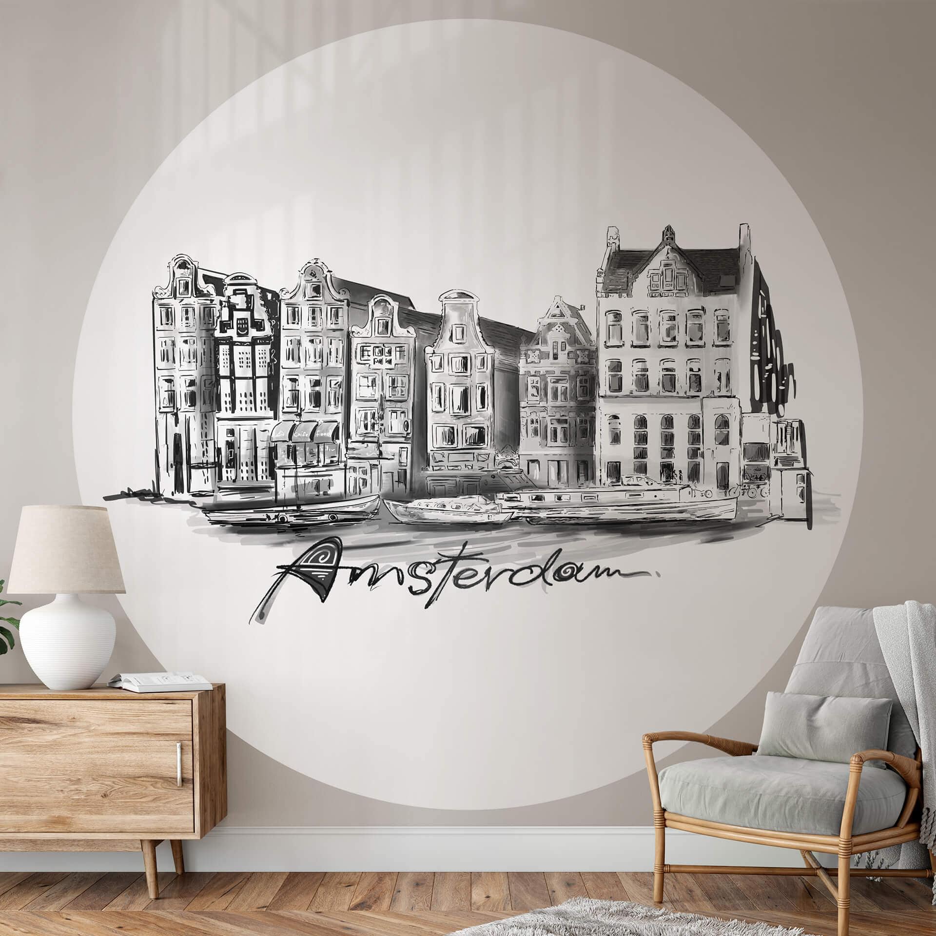 Fototapet - Rundt Love your City - Amsterdam Sort og hvid - vliesetapet/selvklæbende non-woven tapet