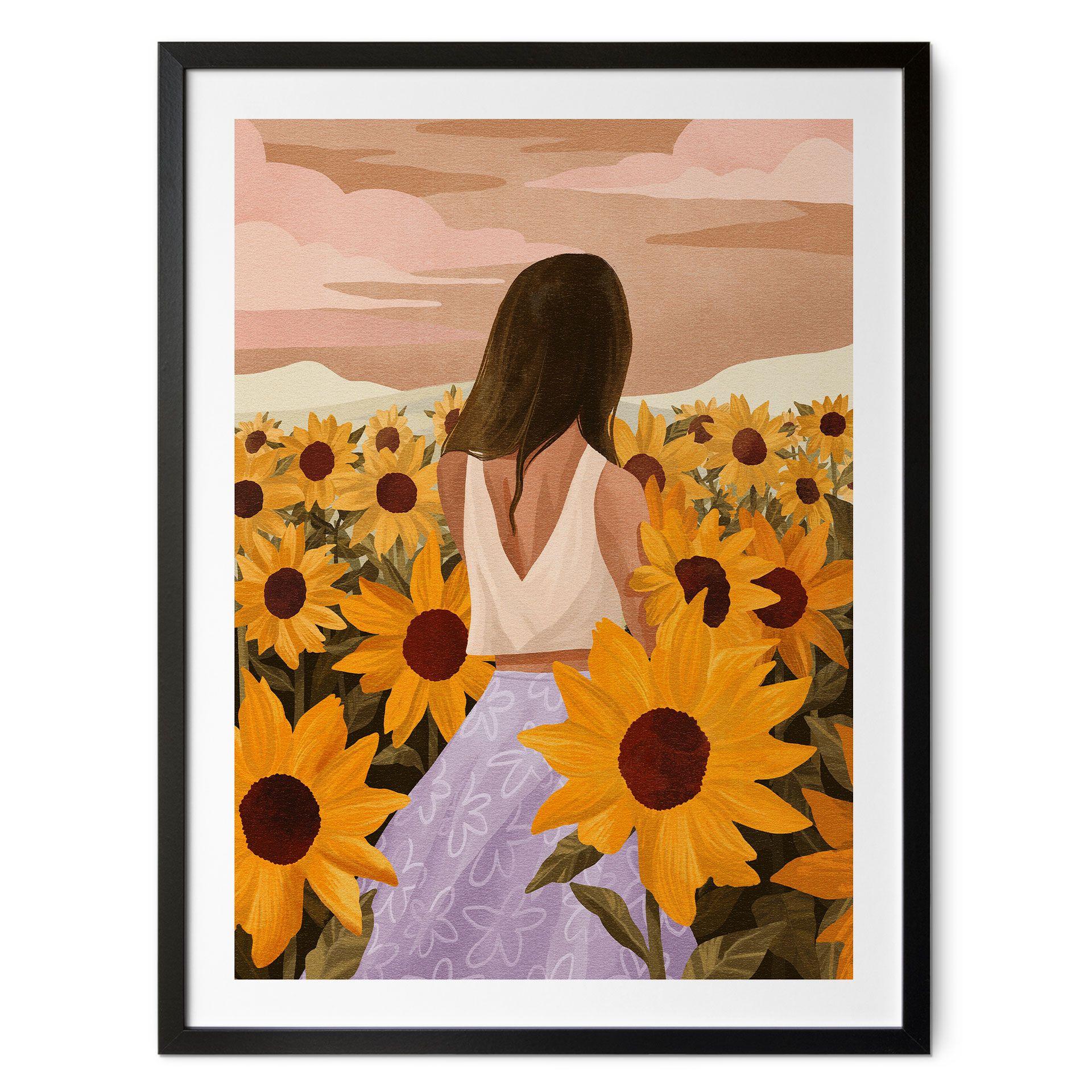 Póster Mujer en un campo de girasoles - Goed Blauw