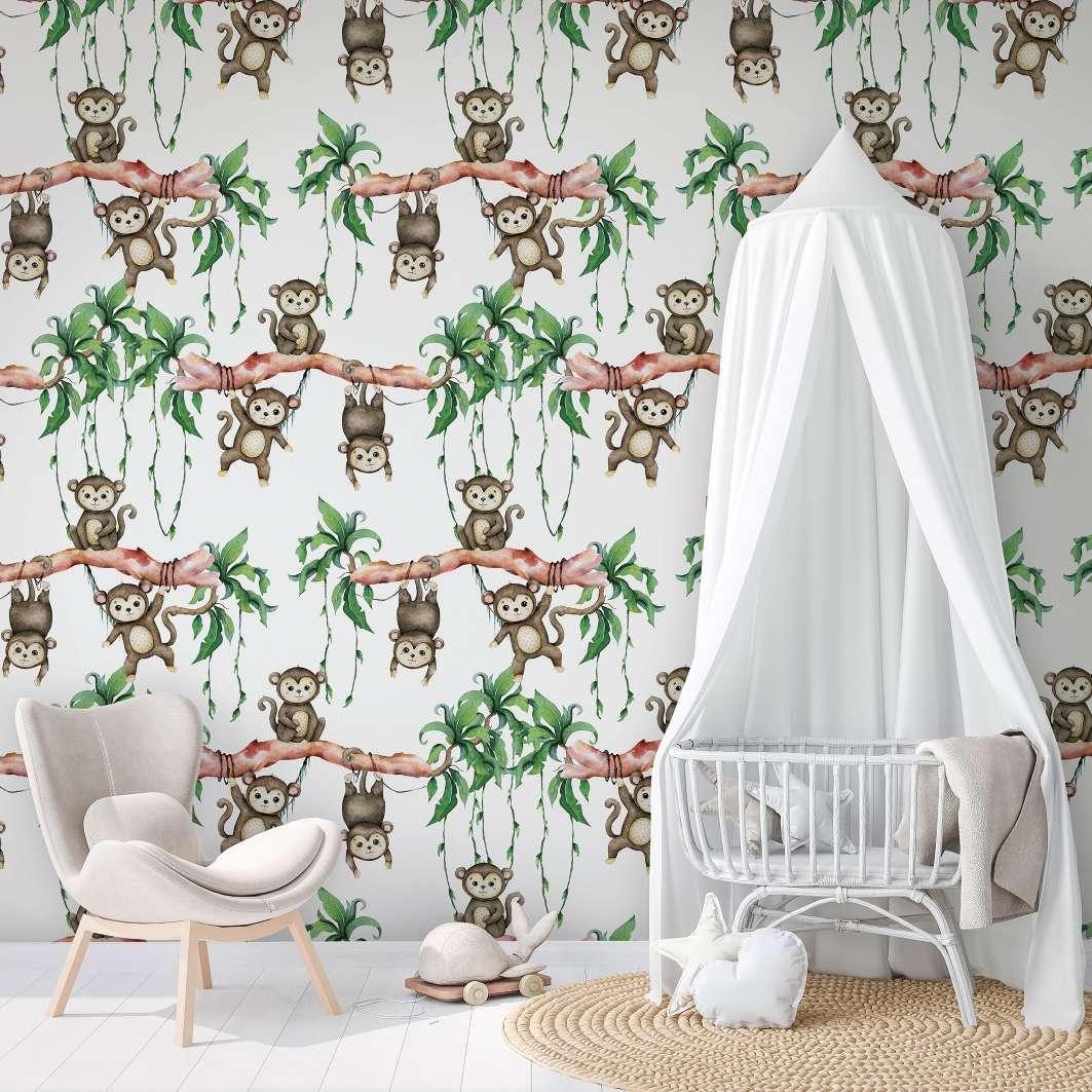 Børnetapet, non-woven tapet med illustration Kids Walls hvid, grøn