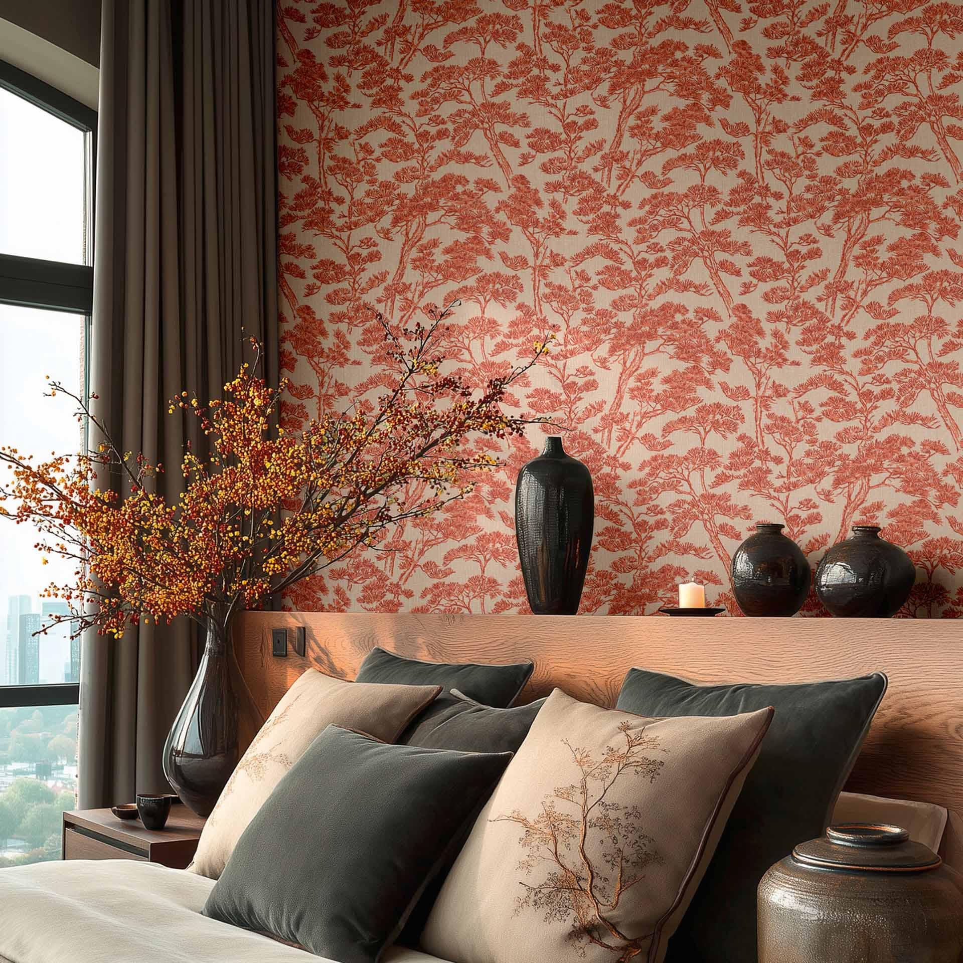 Papier peint intissé Lin Zen Branches beige rouge métallisé asiatique - orange arbres papier peint f