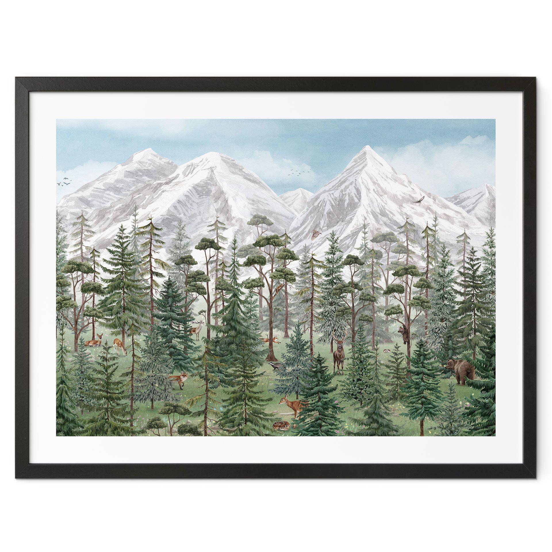 Plakat skovens dyr i den grønne alpine skov | naturmotiv til børneværelset - Kikki Belle