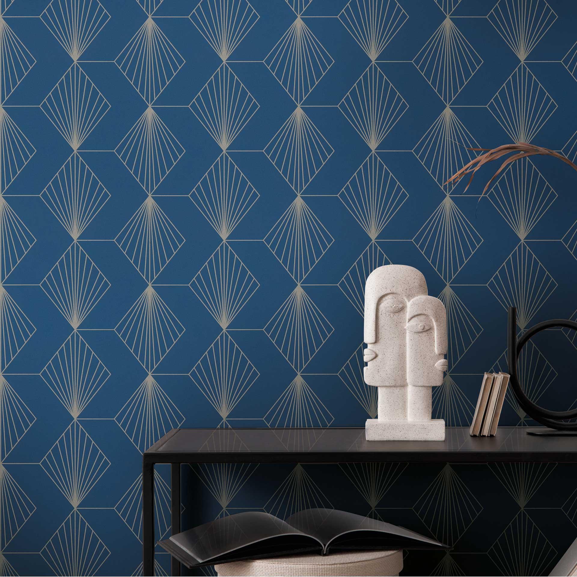 Geometrisk Art Deco tapet blå sølv - moderne tapet med mønster - Ikke-vævet tapet